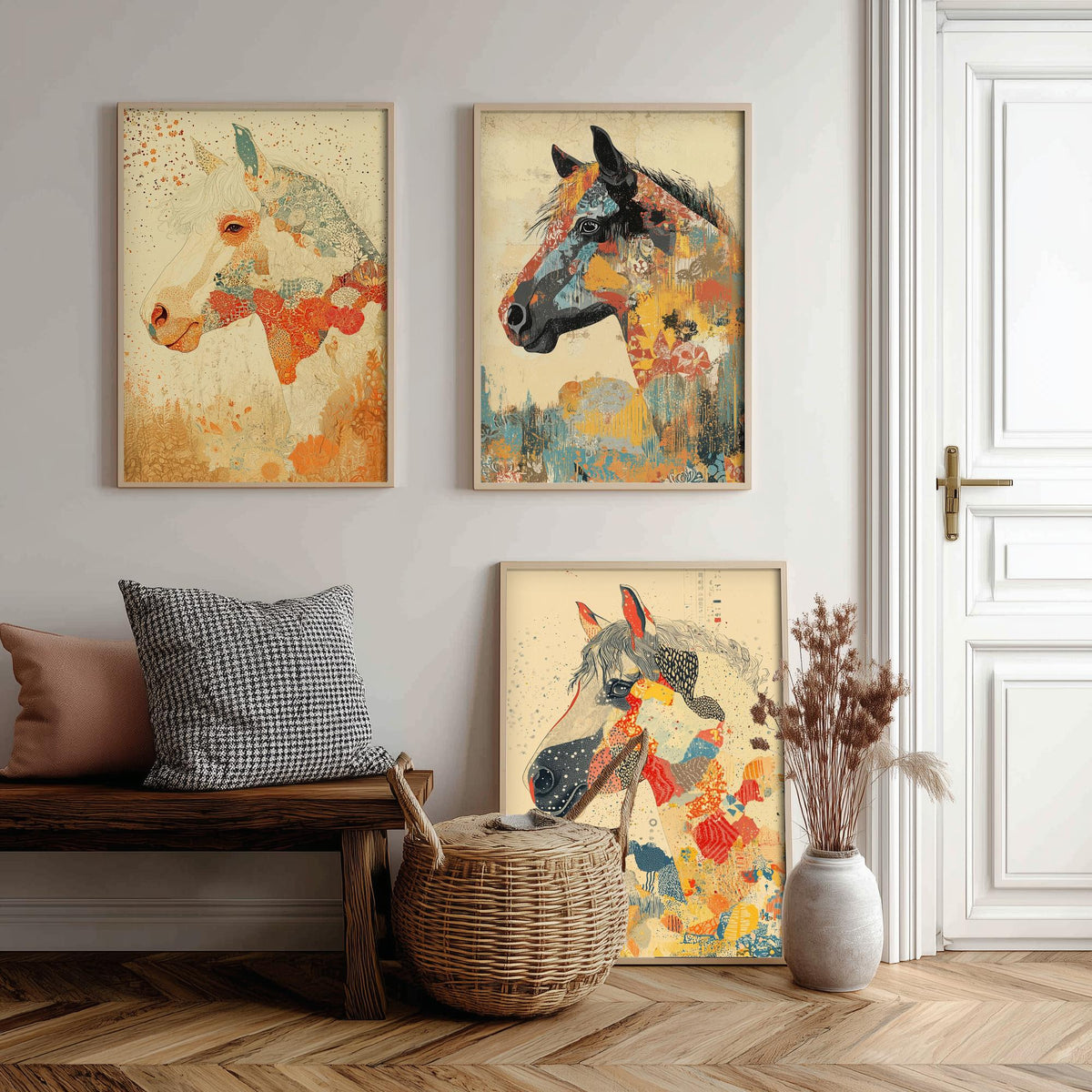 Feral Floral Horse Set of Three Art Prints V3 - 3 Mosaic Patchwork Horse Posters - Boho Folk Wall Art Gift Illustration Equine