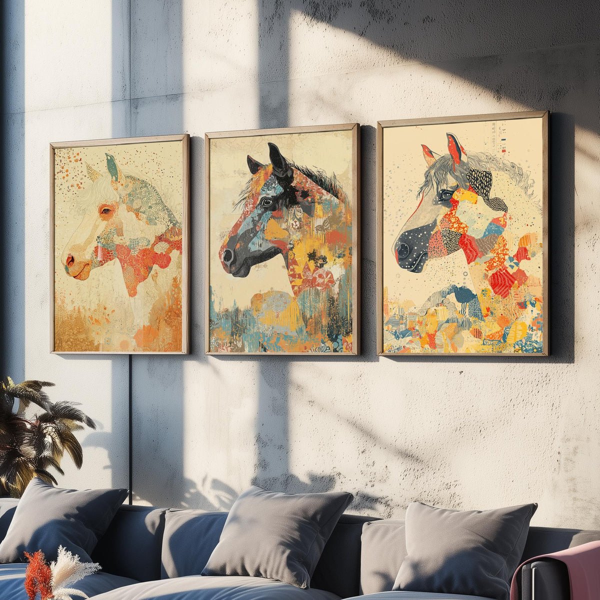 Feral Floral Horse Set of Three Art Prints V3 - 3 Mosaic Patchwork Horse Posters - Boho Folk Wall Art Gift Illustration Equine