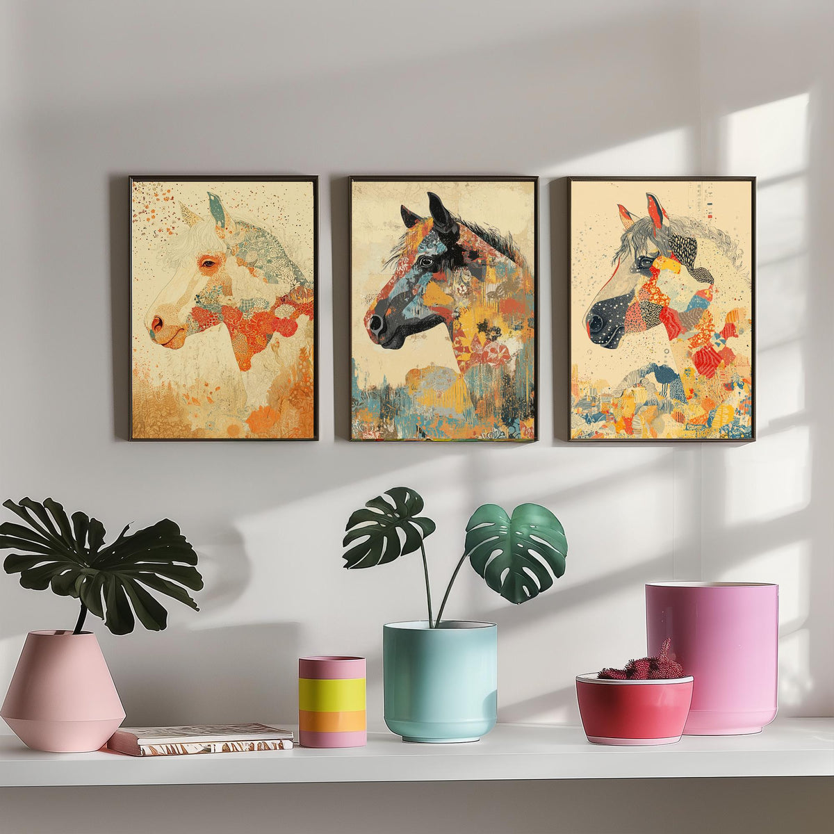 Feral Floral Horse Set of Three Art Prints V3 - 3 Mosaic Patchwork Horse Posters - Boho Folk Wall Art Gift Illustration Equine