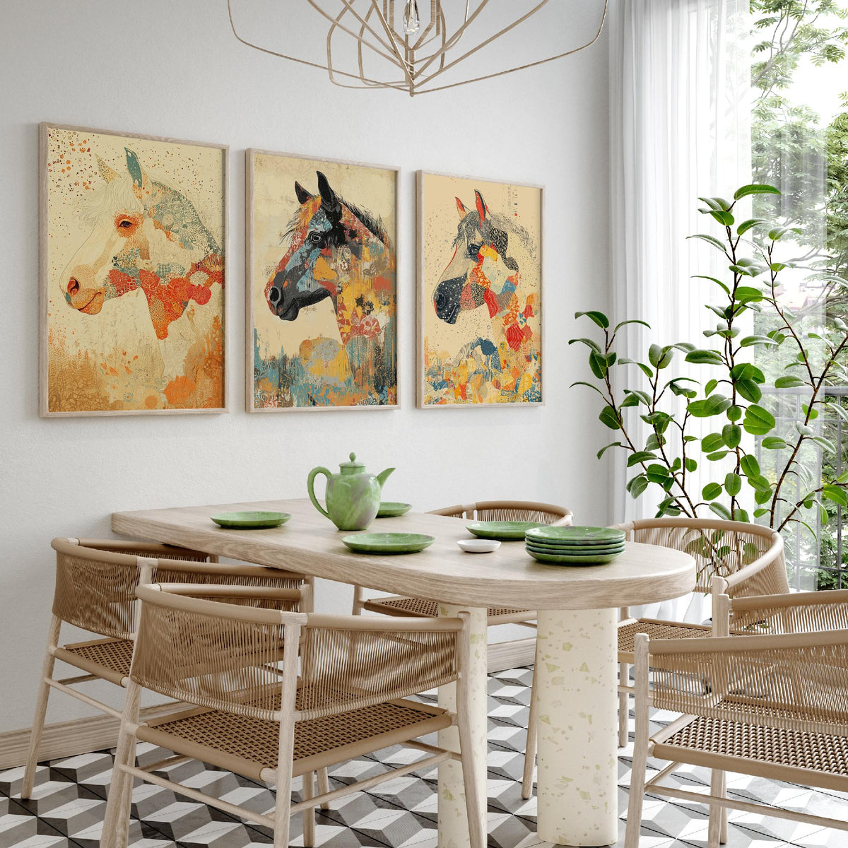 Feral Floral Horse Set of Three Art Prints V3 - 3 Mosaic Patchwork Horse Posters - Boho Folk Wall Art Gift Illustration Equine
