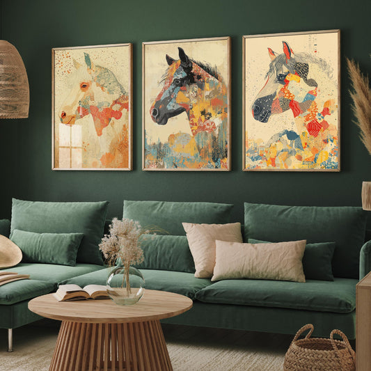 Feral Floral Horse Set of Three Art Prints V3 - 3 Mosaic Patchwork Horse Posters - Boho Folk Wall Art Gift Illustration Equine