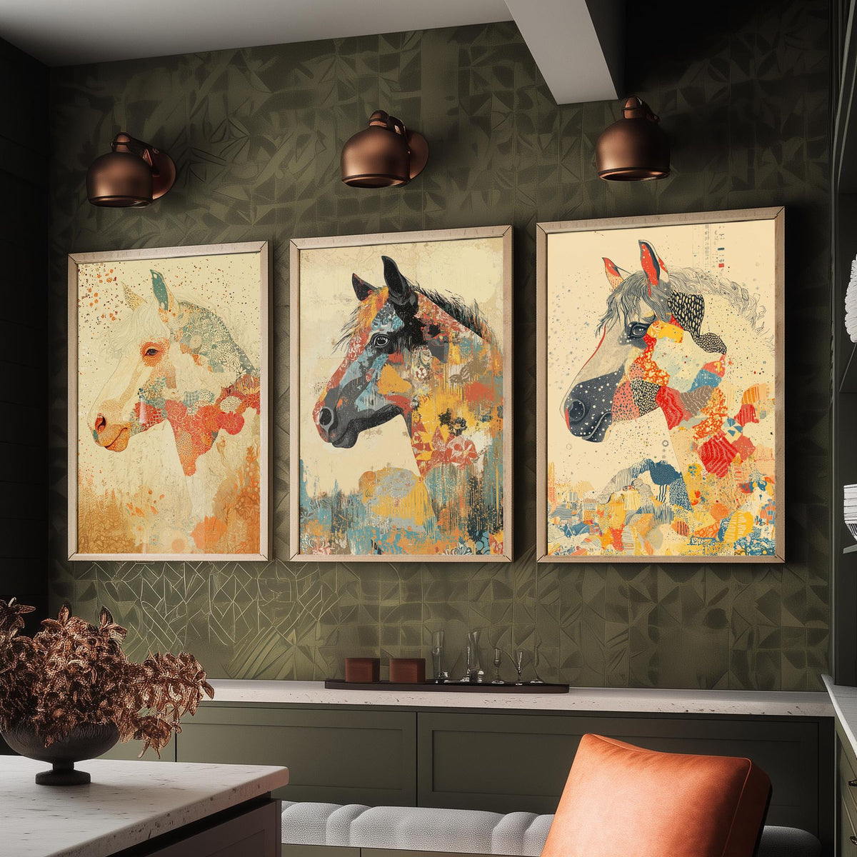 Feral Floral Horse Set of Three Art Prints V3 - 3 Mosaic Patchwork Horse Posters - Boho Folk Wall Art Gift Illustration Equine