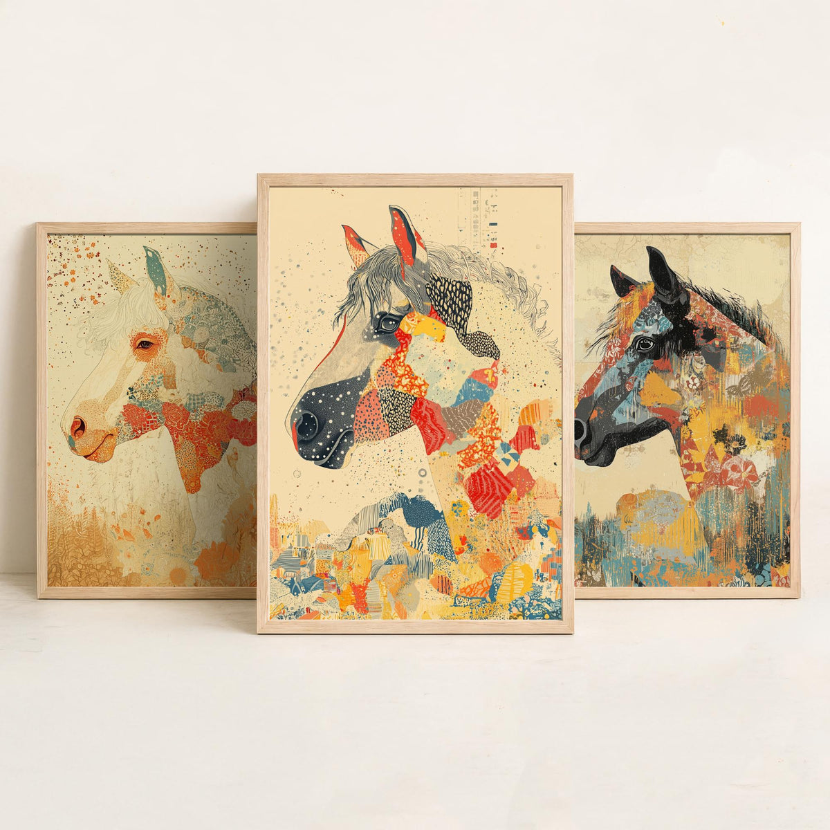 Feral Floral Horse Set of Three Art Prints V3 - 3 Mosaic Patchwork Horse Posters - Boho Folk Wall Art Gift Illustration Equine