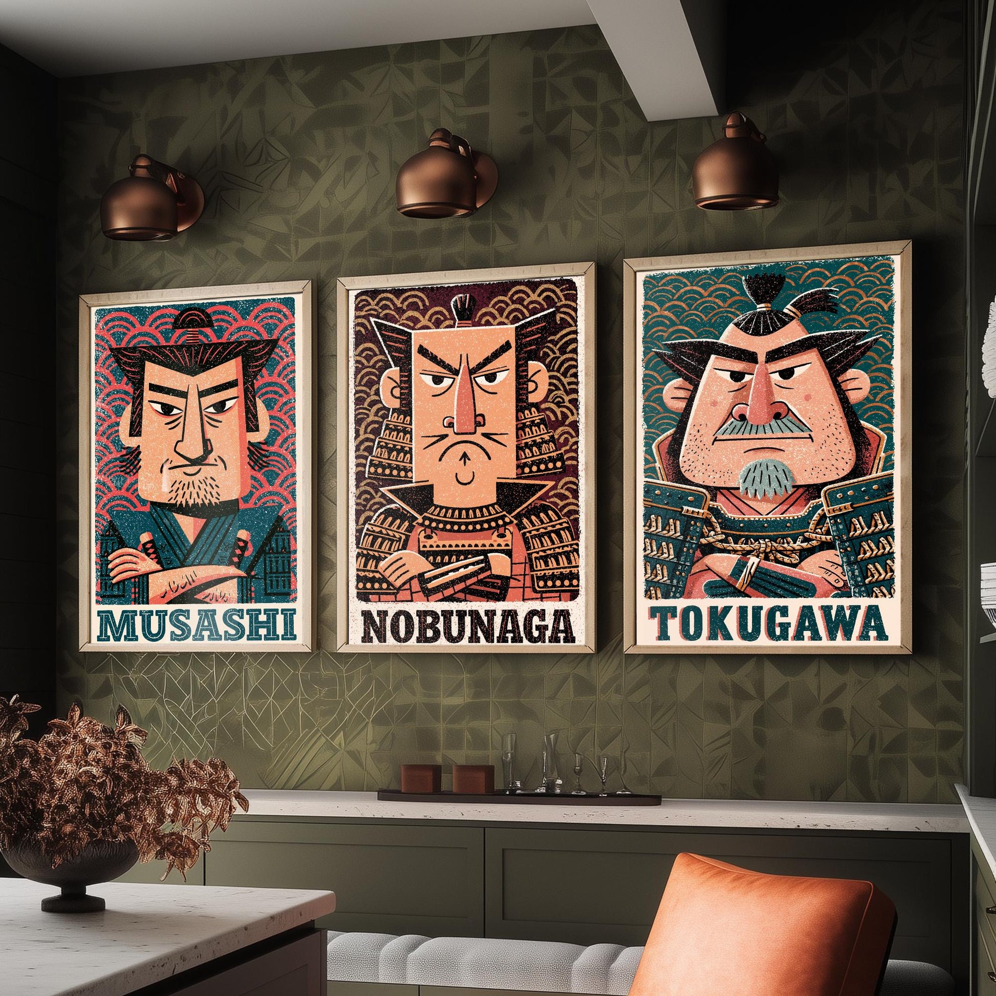 Feudal Japan Samurai Set of Three Art Prints - Musashi, Nobunaga, Tokugawa - History Poster Wall Art Gift Illustration Decor