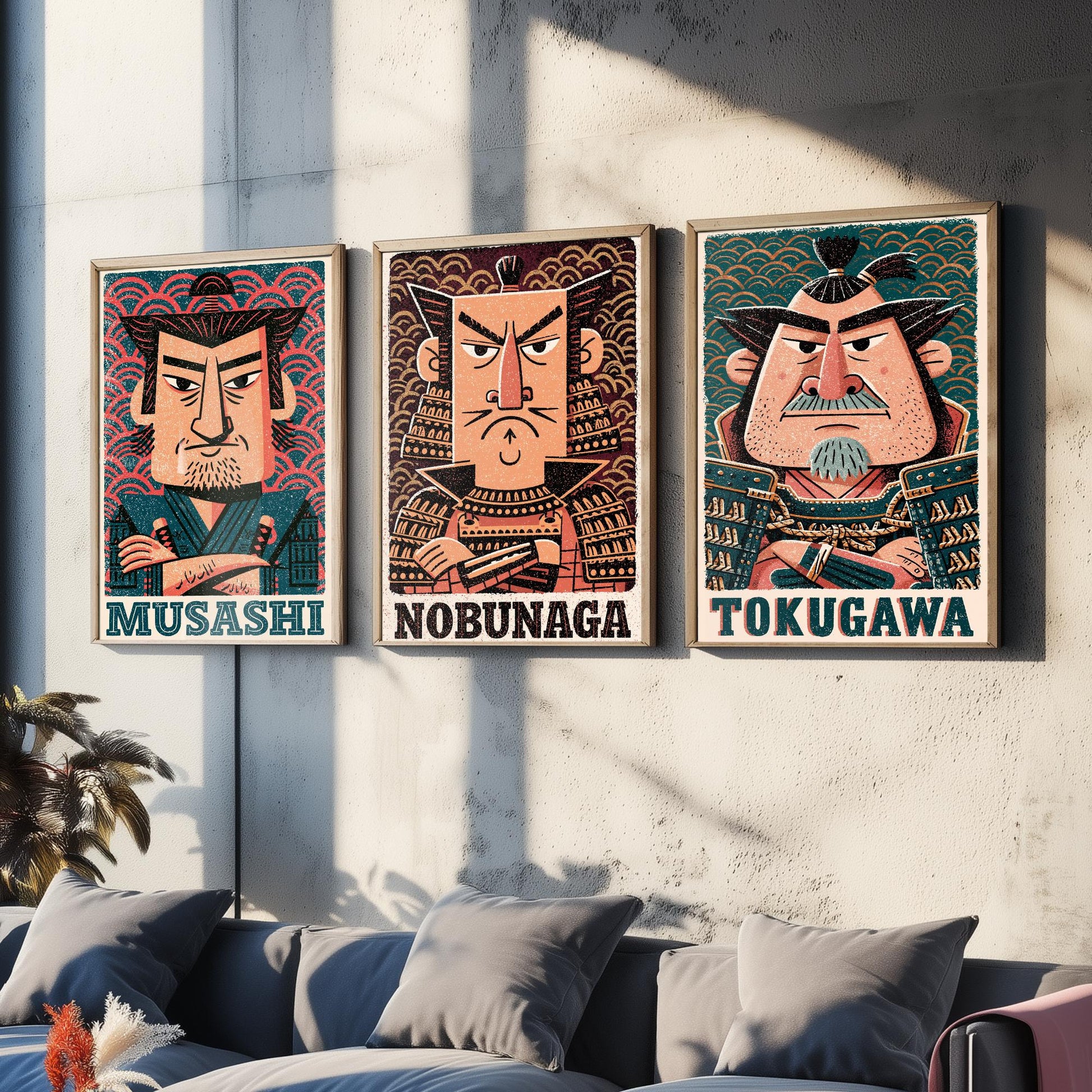 Feudal Japan Samurai Set of Three Art Prints - Musashi, Nobunaga, Tokugawa - History Poster Wall Art Gift Illustration Decor