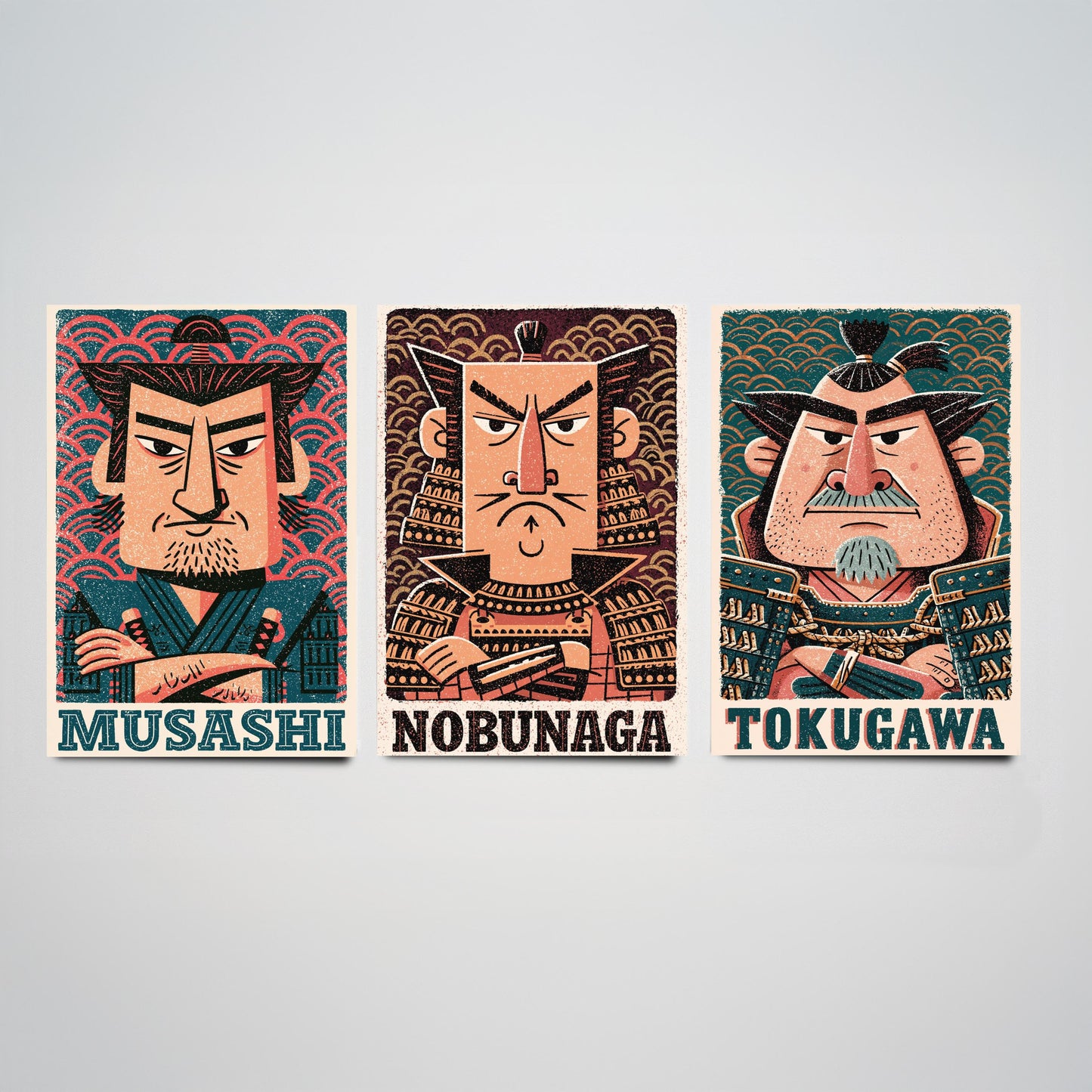 Feudal Japan Samurai Set of Three Art Prints - Musashi, Nobunaga, Tokugawa - History Poster Wall Art Gift Illustration Decor