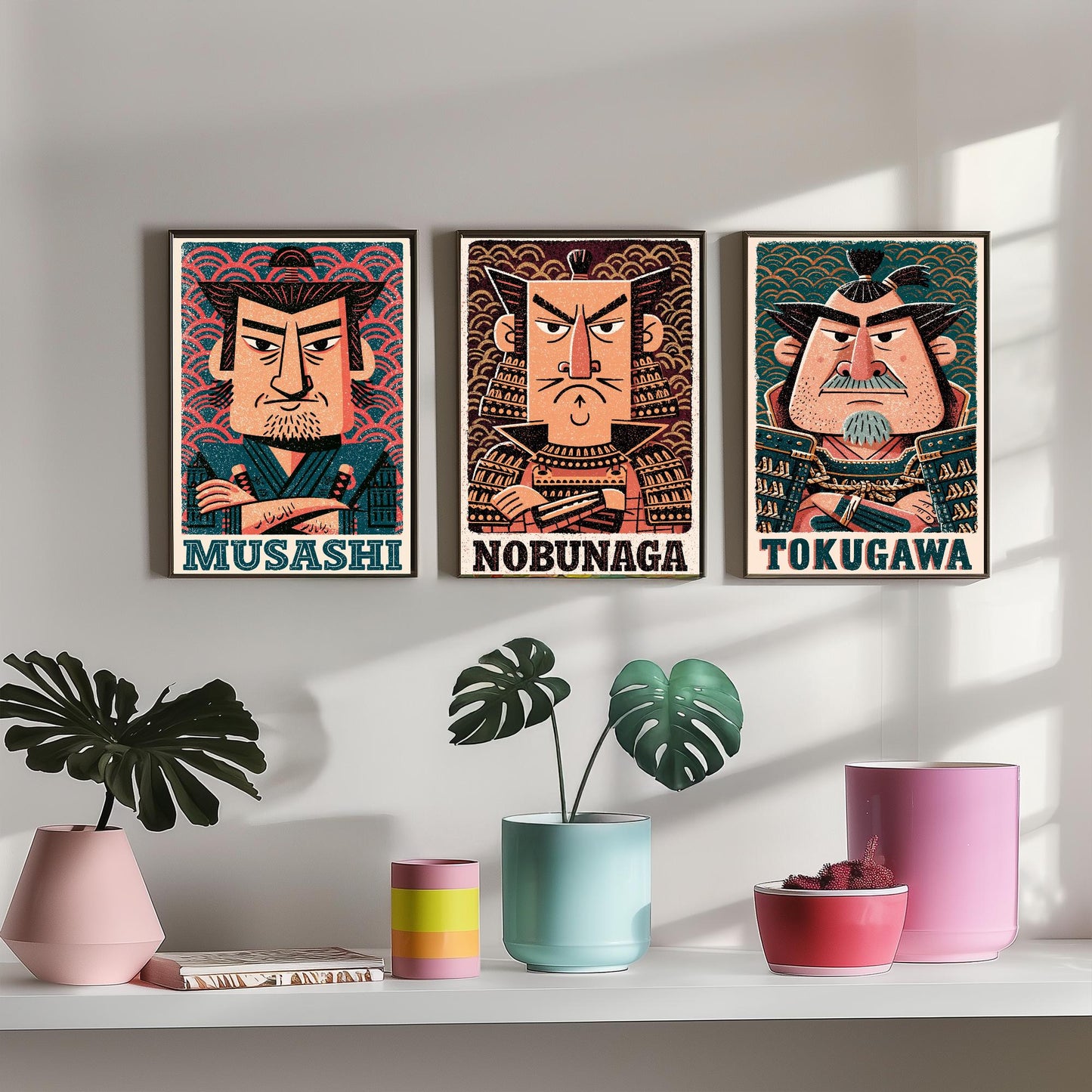 Feudal Japan Samurai Set of Three Art Prints - Musashi, Nobunaga, Tokugawa - History Poster Wall Art Gift Illustration Decor