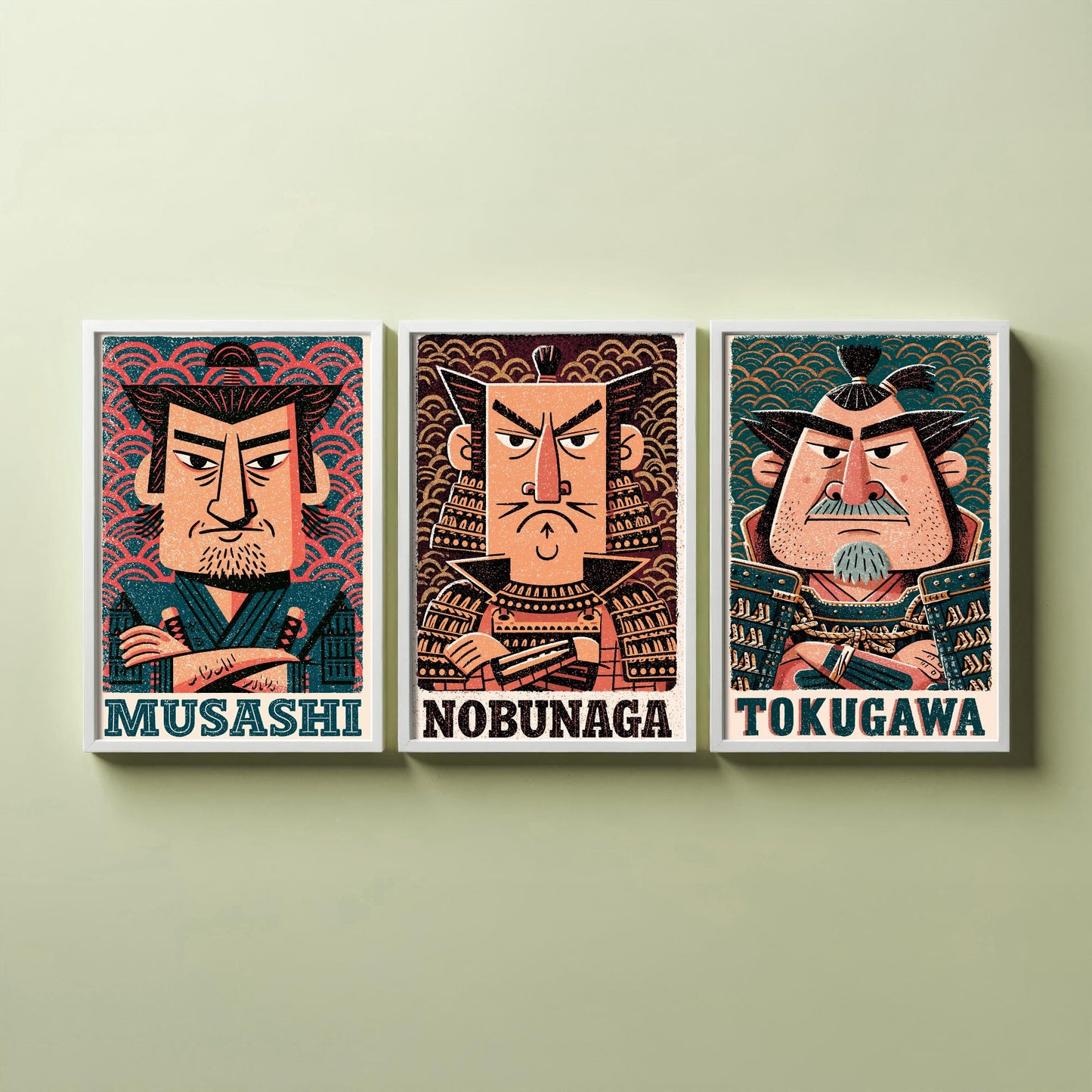 Feudal Japan Samurai Set of Three Art Prints - Musashi, Nobunaga, Tokugawa - History Poster Wall Art Gift Illustration Decor