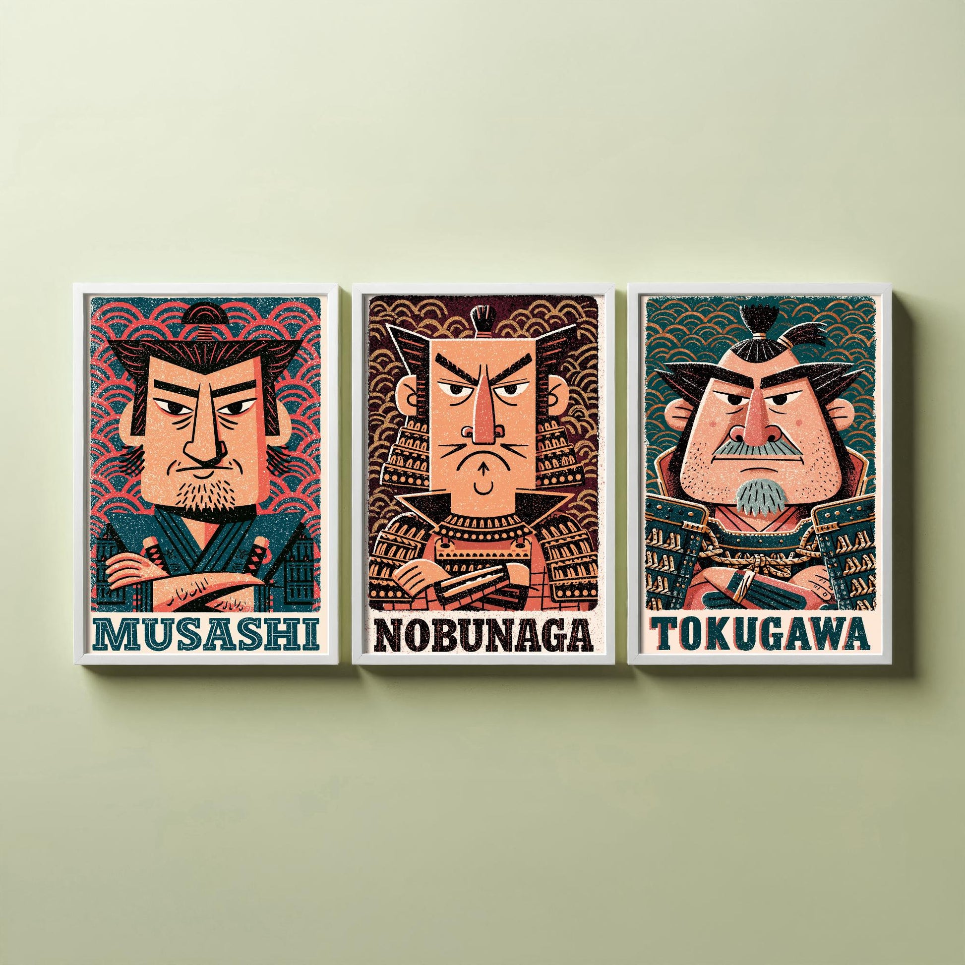 Feudal Japan Samurai Set of Three Art Prints - Musashi, Nobunaga, Tokugawa - History Poster Wall Art Gift Illustration Decor