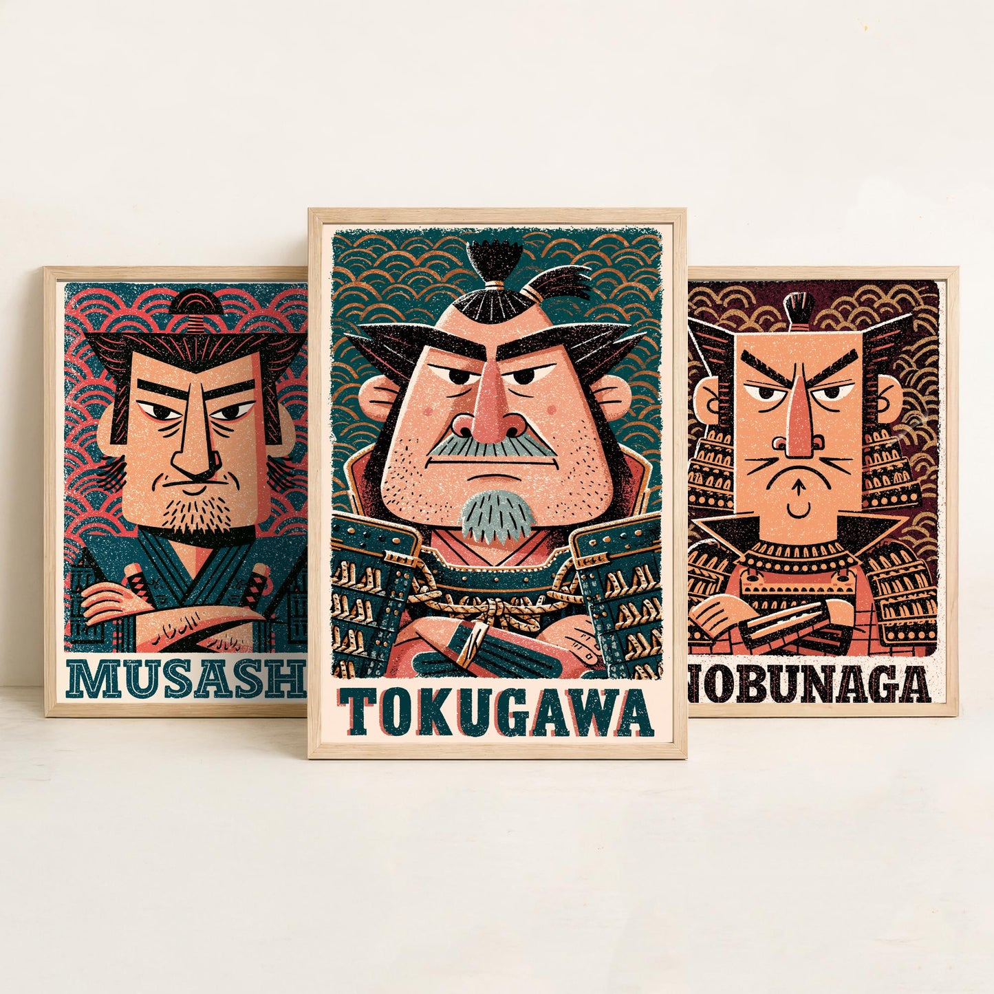 Feudal Japan Samurai Set of Three Art Prints - Musashi, Nobunaga, Tokugawa - History Poster Wall Art Gift Illustration Decor
