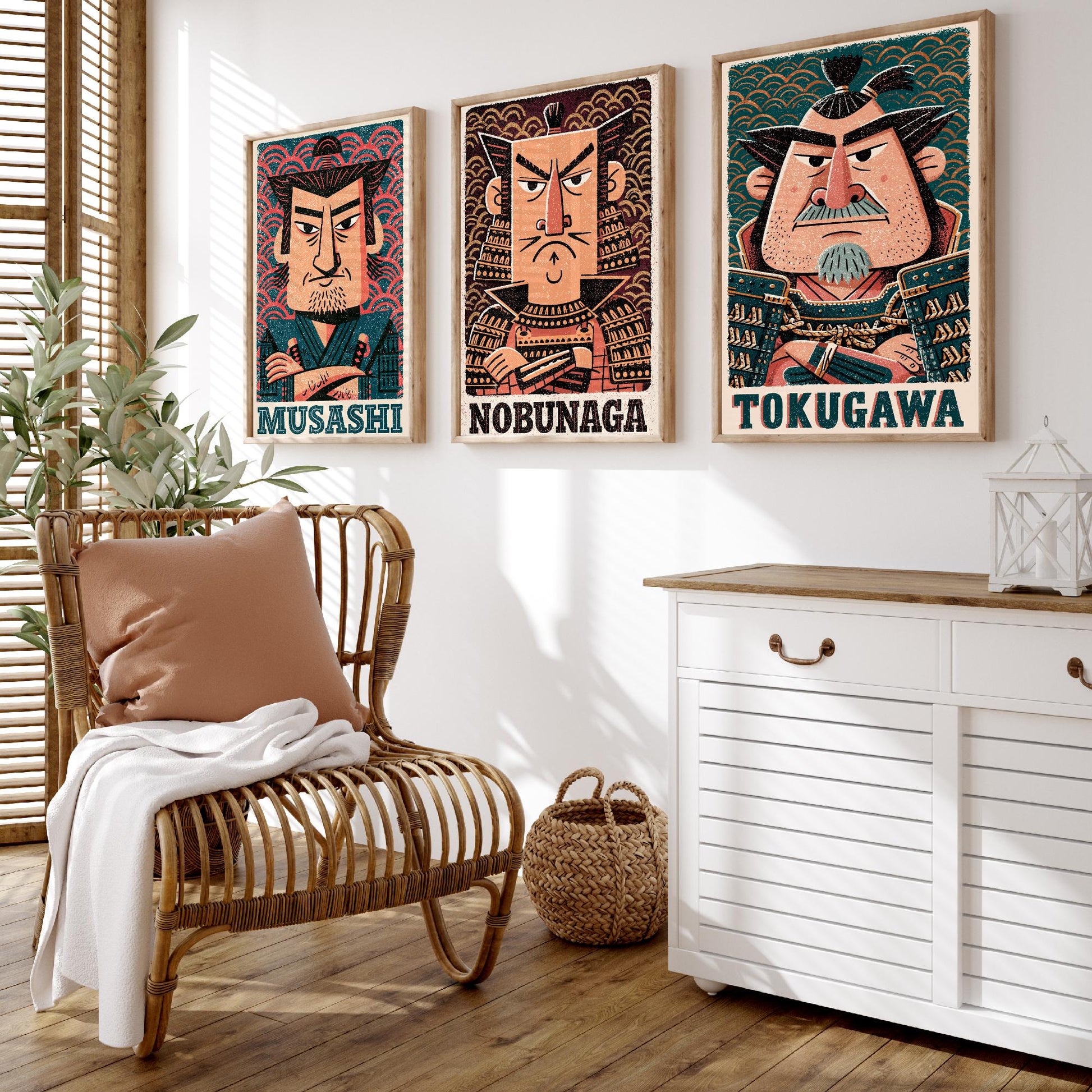Feudal Japan Samurai Set of Three Art Prints - Musashi, Nobunaga, Tokugawa - History Poster Wall Art Gift Illustration Decor