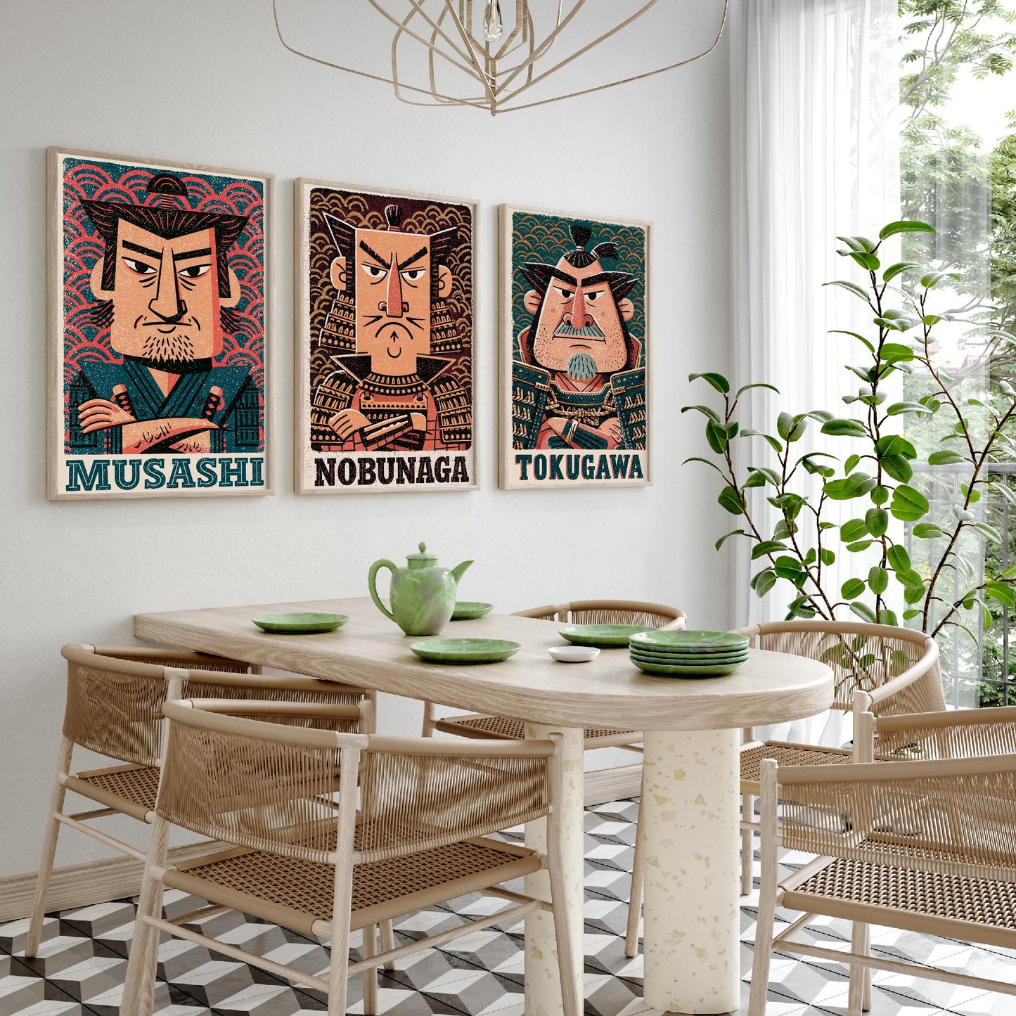 Feudal Japan Samurai Set of Three Art Prints - Musashi, Nobunaga, Tokugawa - History Poster Wall Art Gift Illustration Decor