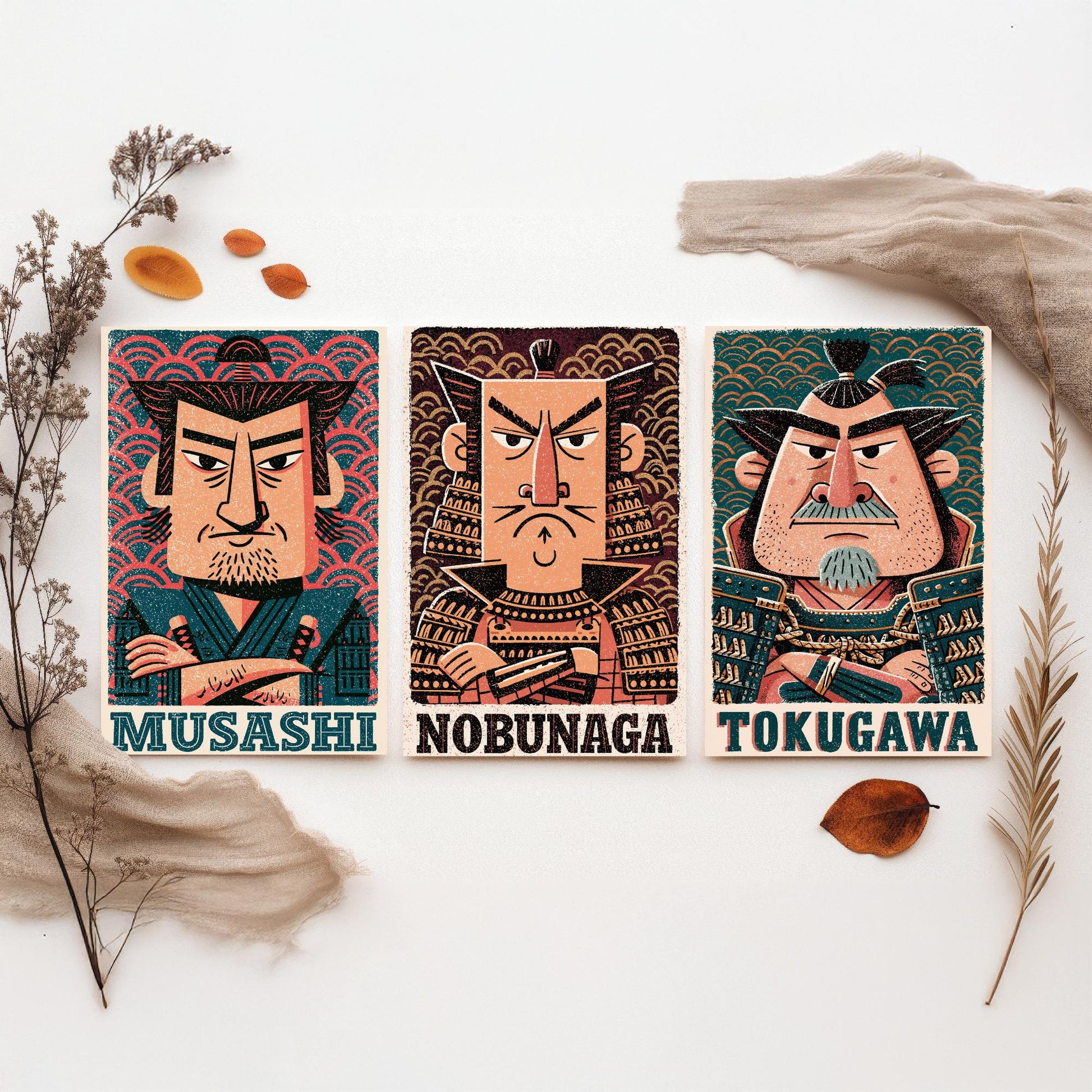 Feudal Japan Samurai Set of Three Art Prints - Musashi, Nobunaga, Tokugawa - History Poster Wall Art Gift Illustration Decor