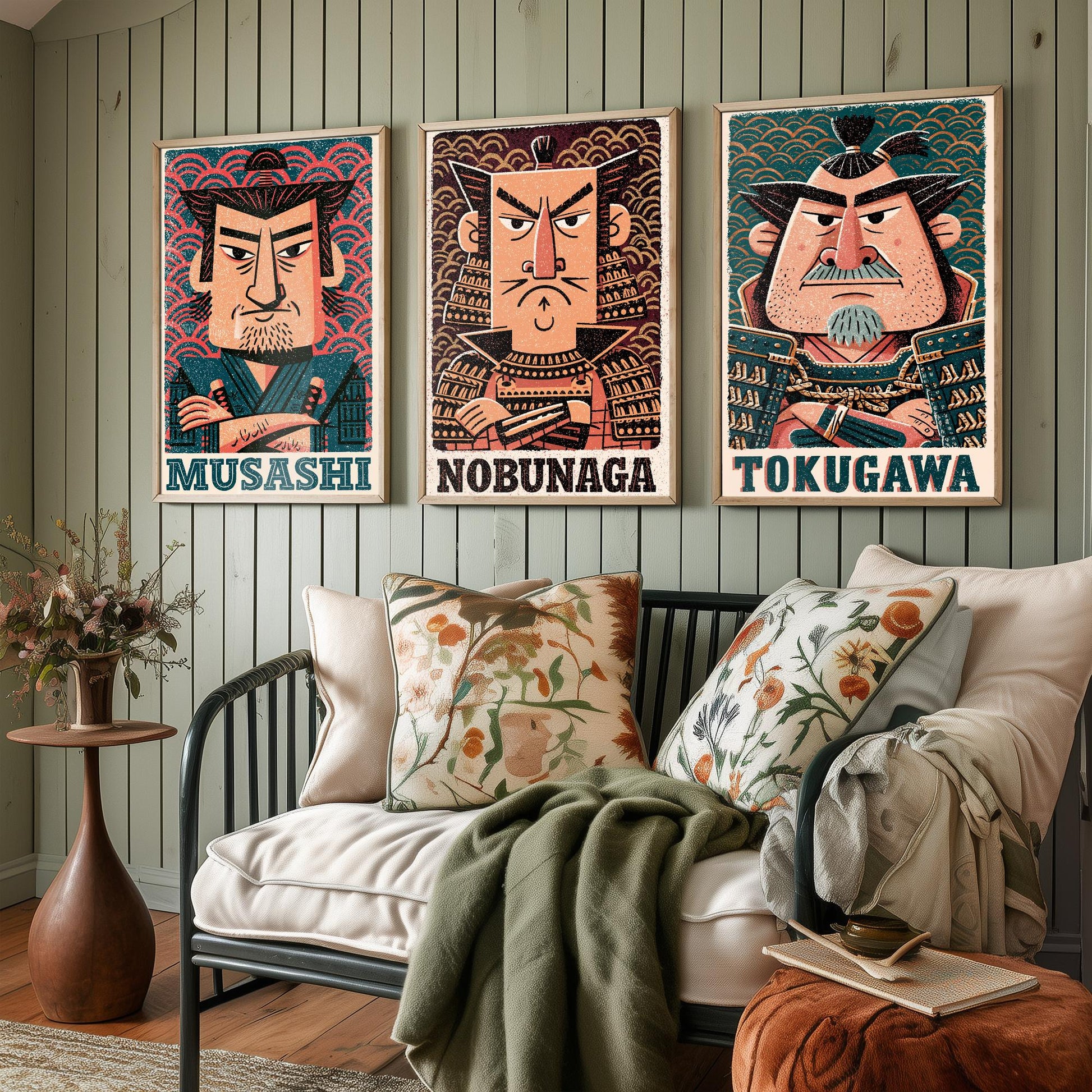 Feudal Japan Samurai Set of Three Art Prints - Musashi, Nobunaga, Tokugawa - History Poster Wall Art Gift Illustration Decor
