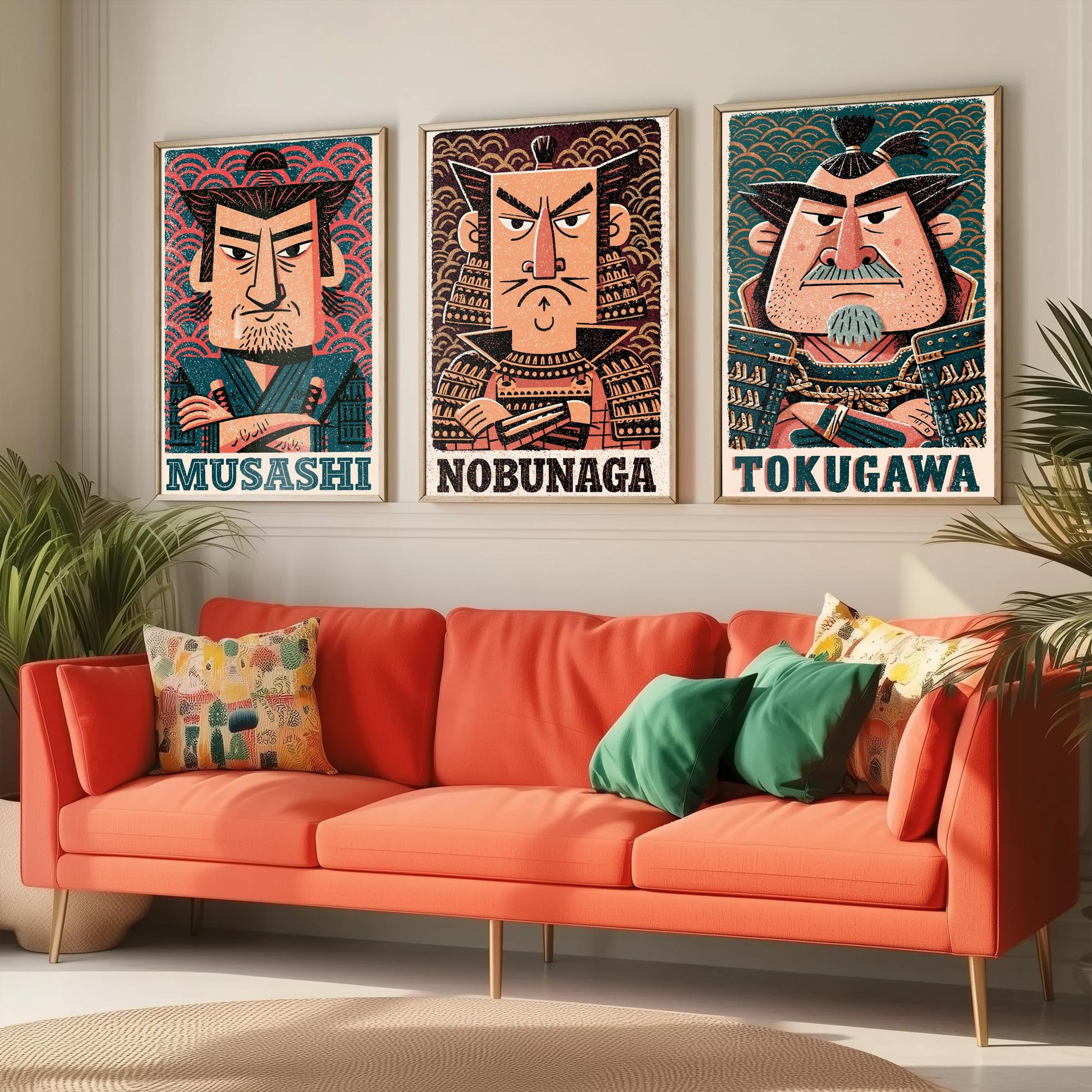 Feudal Japan Samurai Set of Three Art Prints - Musashi, Nobunaga, Tokugawa - History Poster Wall Art Gift Illustration Decor