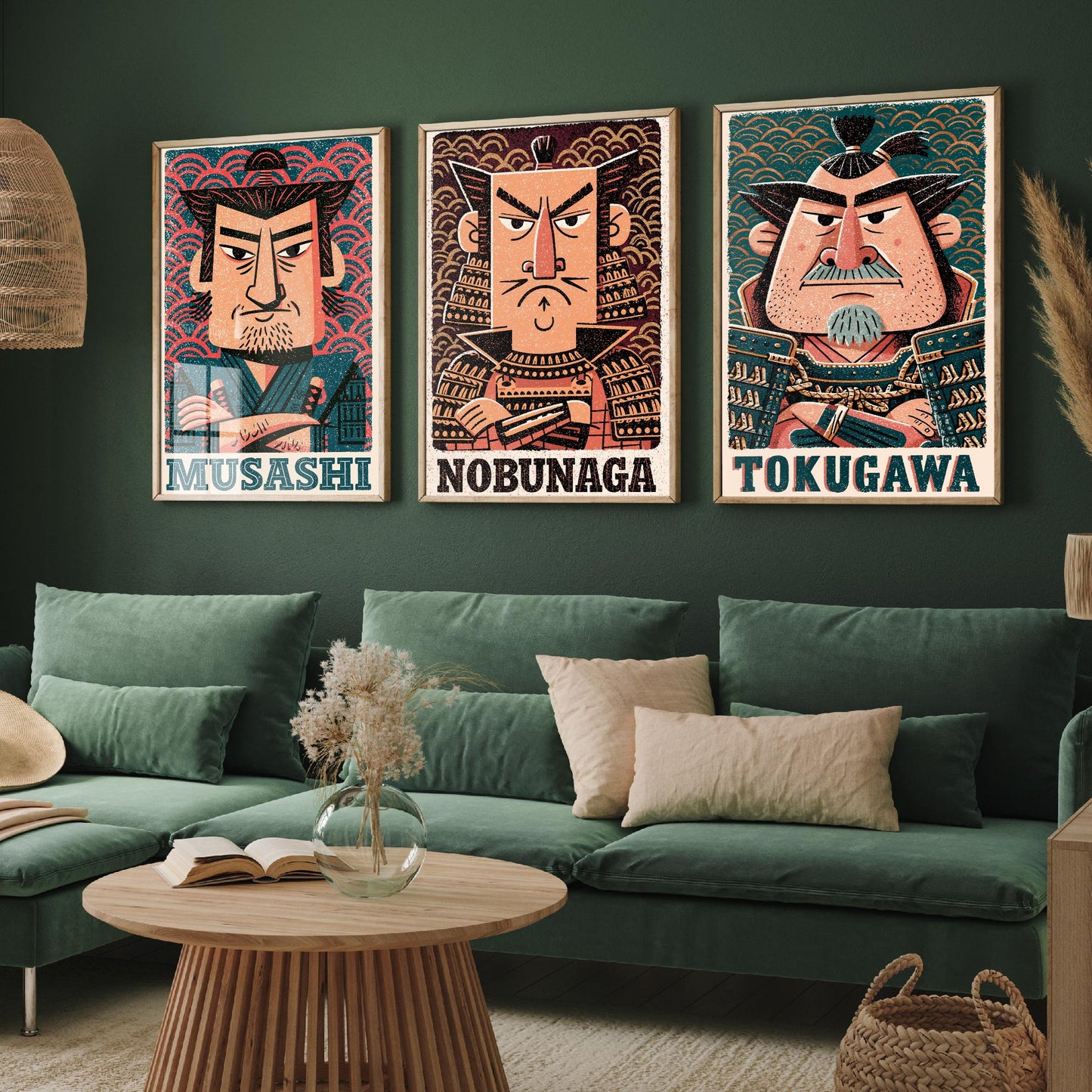 Feudal Japan Samurai Set of Three Art Prints - Musashi, Nobunaga, Tokugawa - History Poster Wall Art Gift Illustration Decor