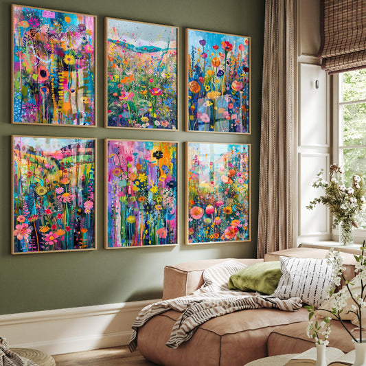 Set of Six Wildflower Meadow Art Prints - 6 Colourful Flower Field Painting Posters - Poppies, Cosmos, Daisies, Summer Garden Collage
