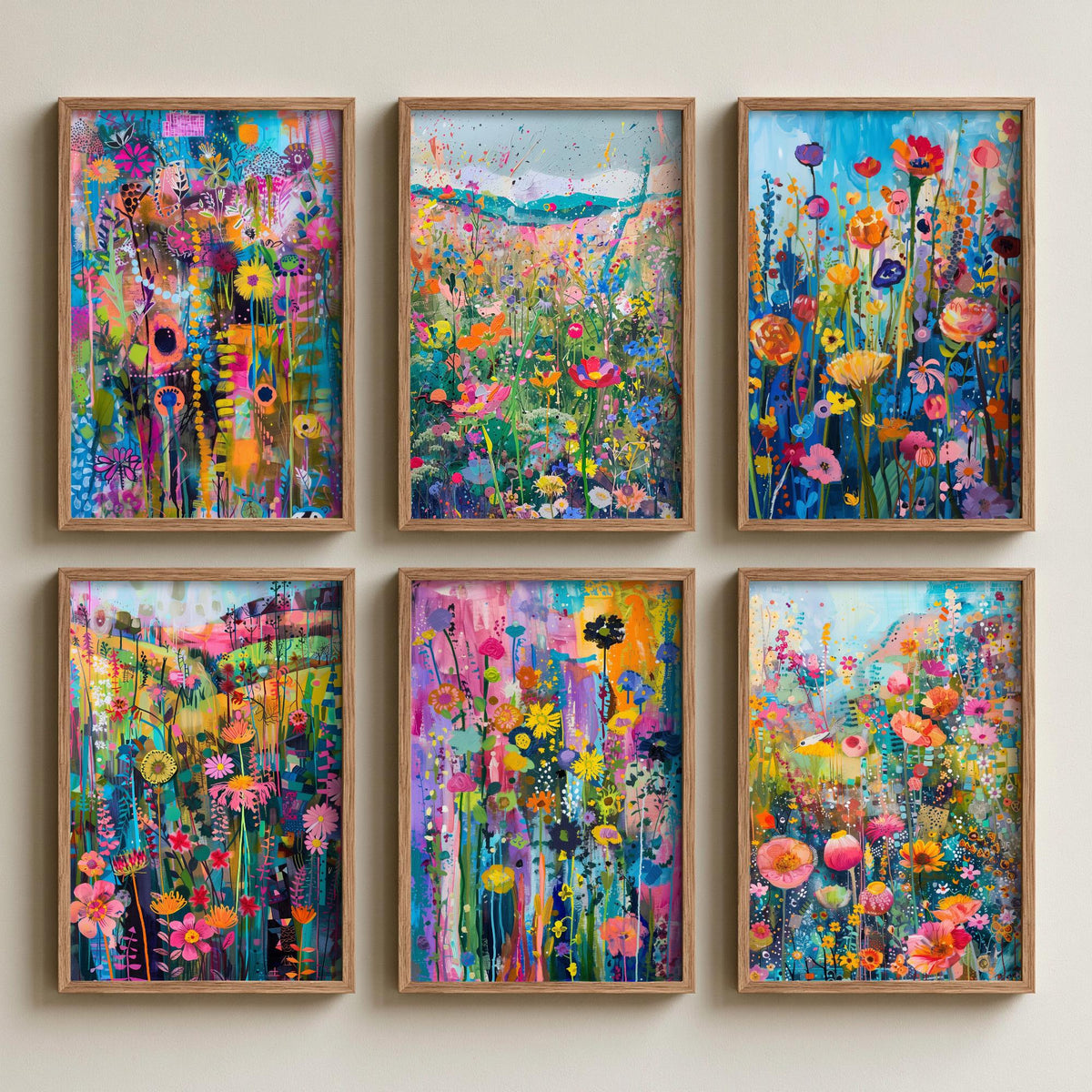 Set of Six Wildflower Meadow Art Prints - 6 Colourful Flower Field Painting Posters - Poppies, Cosmos, Daisies, Summer Garden Collage