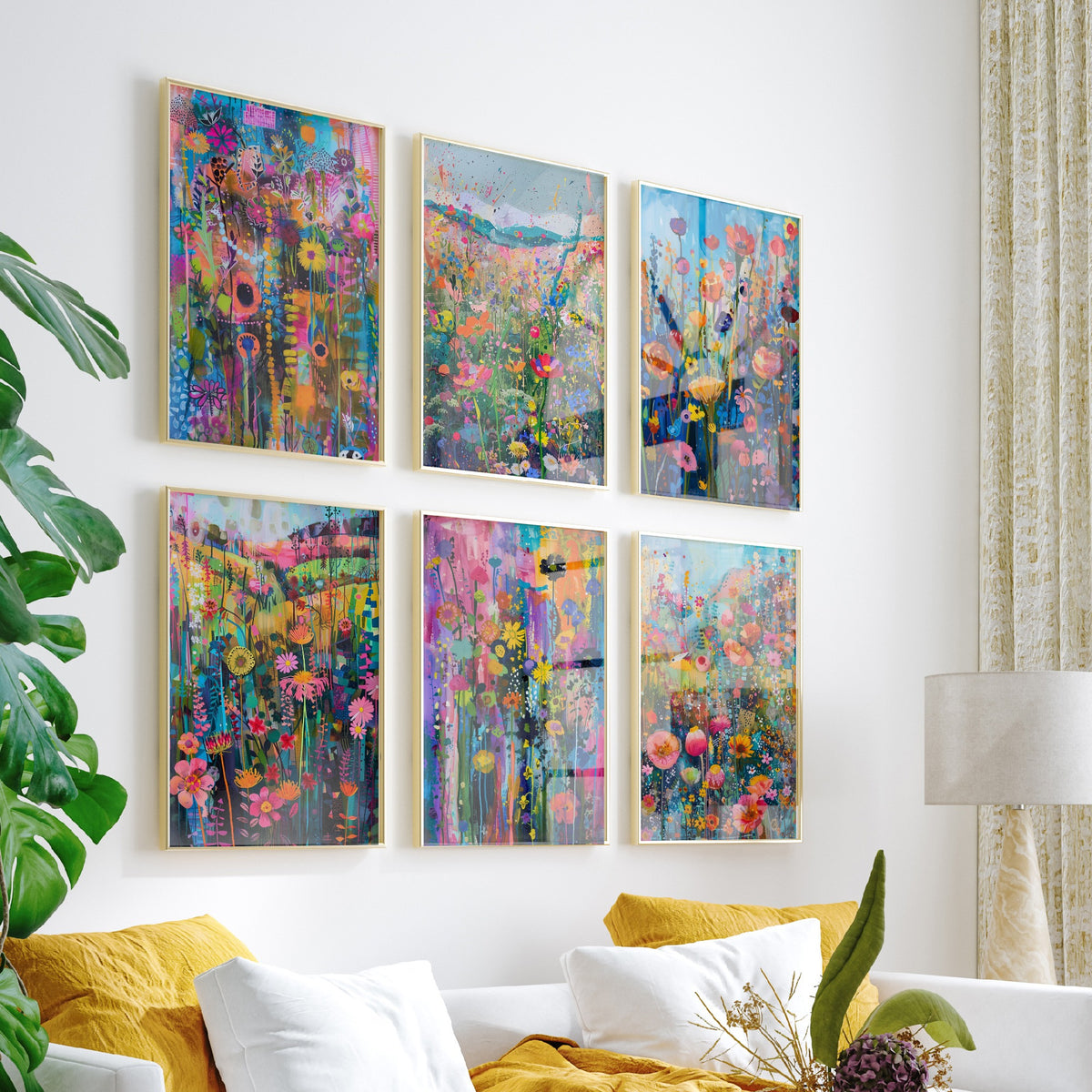 Set of Six Wildflower Meadow Art Prints - 6 Colourful Flower Field Painting Posters - Poppies, Cosmos, Daisies, Summer Garden Collage