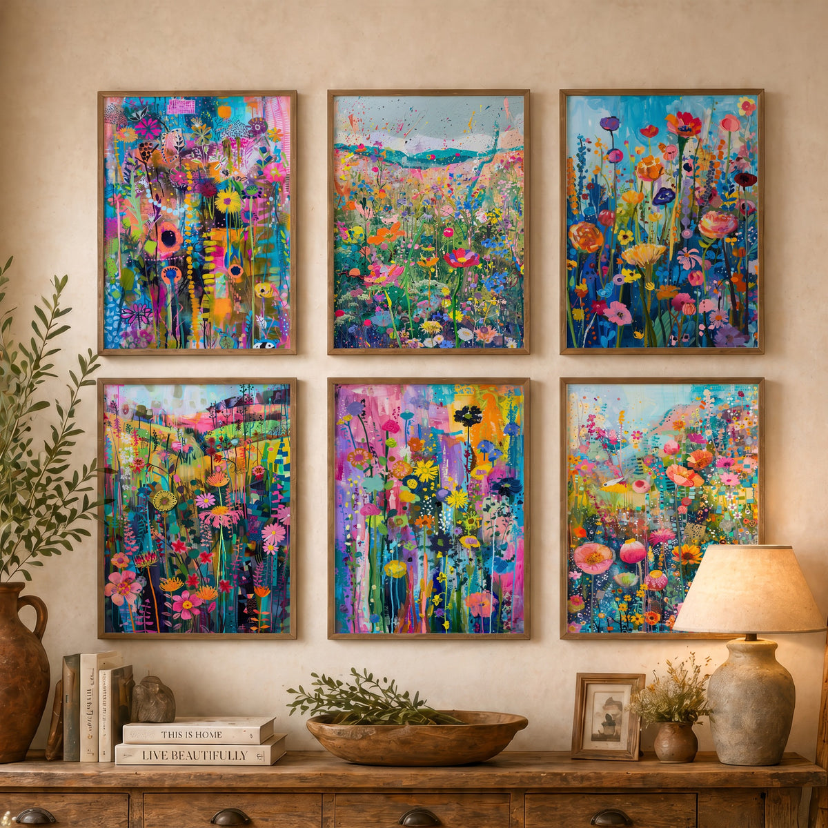 Set of Six Wildflower Meadow Art Prints - 6 Colourful Flower Field Painting Posters - Poppies, Cosmos, Daisies, Summer Garden Collage