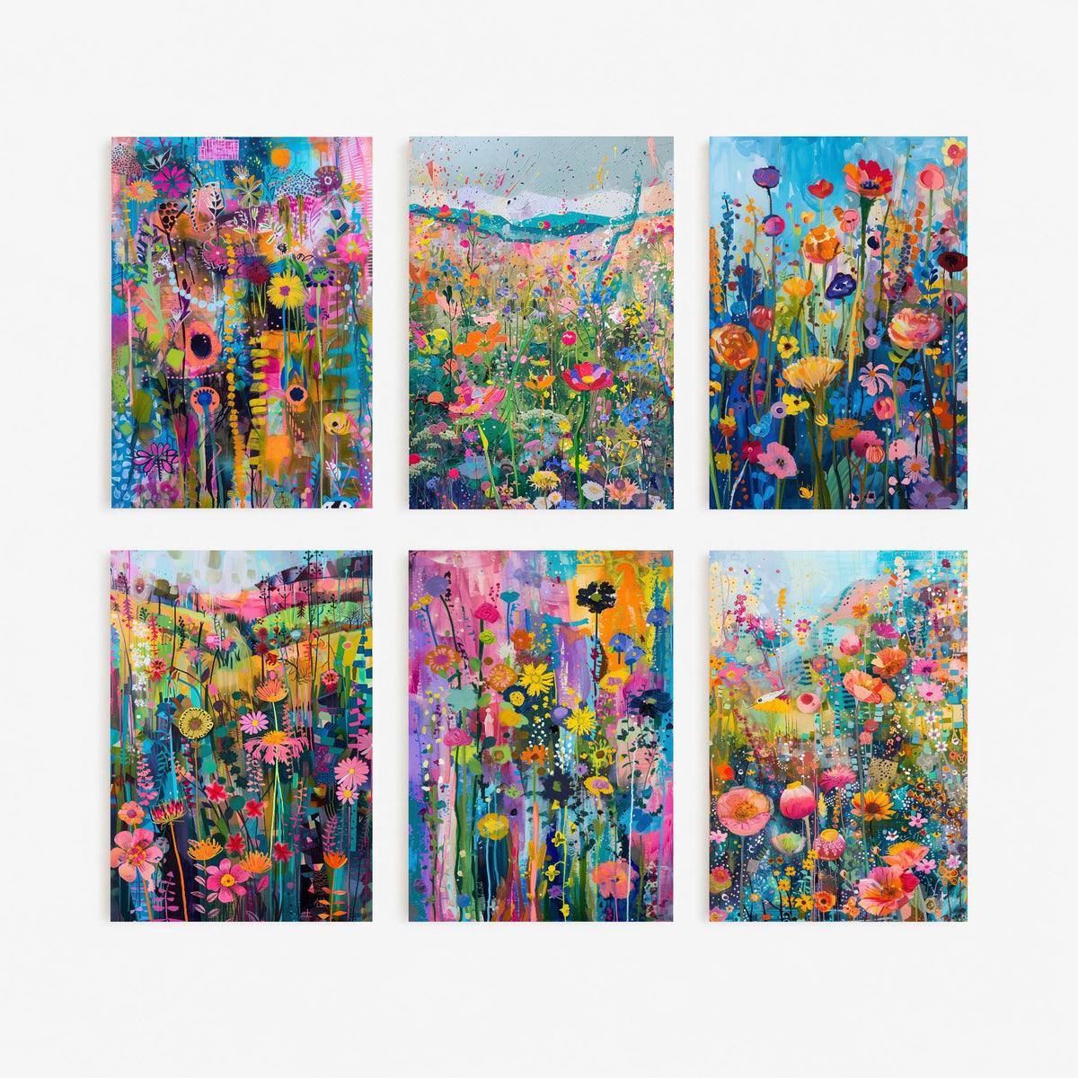 Set of Six Wildflower Meadow Art Prints - 6 Colourful Flower Field Painting Posters - Poppies, Cosmos, Daisies, Summer Garden Collage