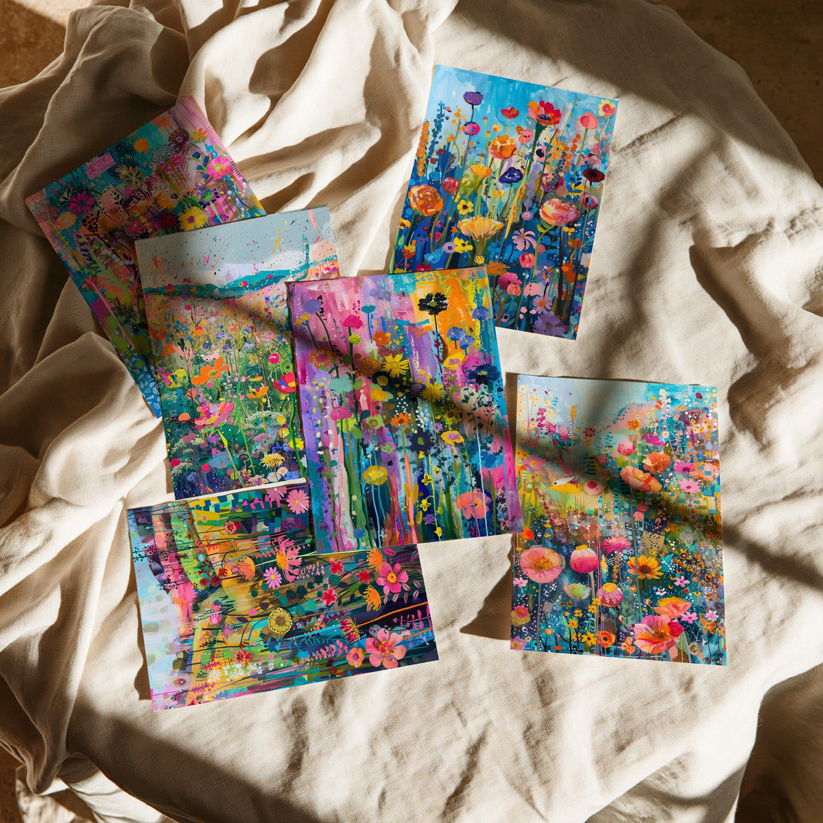 Set of Six Wildflower Meadow Art Prints - 6 Colourful Flower Field Painting Posters - Poppies, Cosmos, Daisies, Summer Garden Collage
