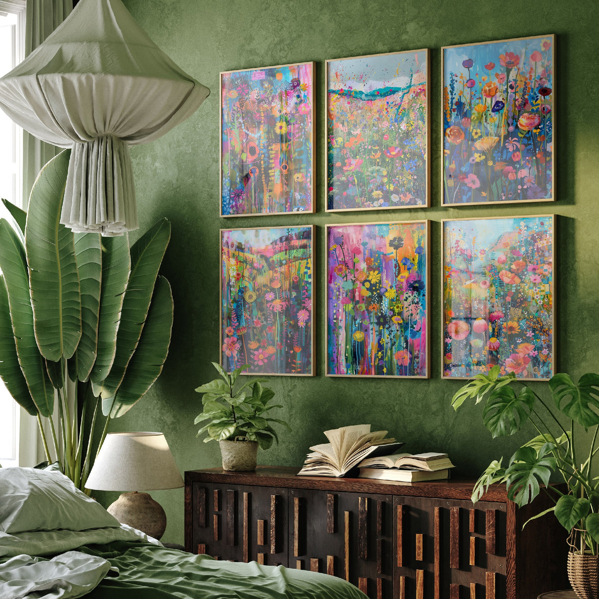 Set of Six Wildflower Meadow Art Prints - 6 Colourful Flower Field Painting Posters - Poppies, Cosmos, Daisies, Summer Garden Collage