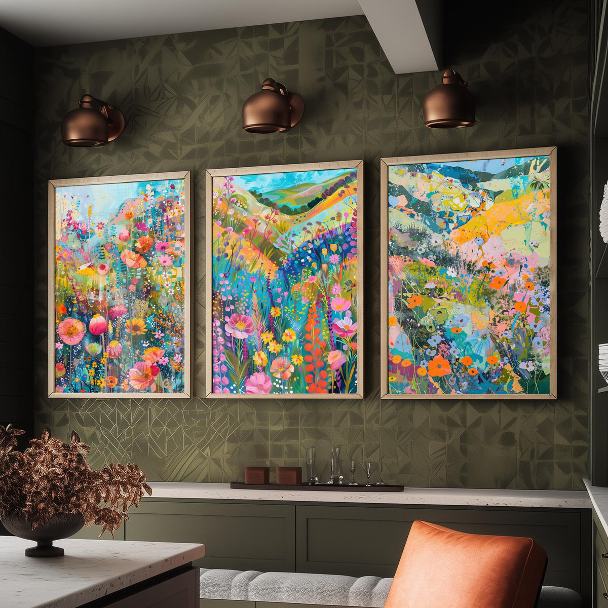 Wildflower Meadow Set of Three Art Prints - 3 Pastel Collage Posters - Vibrant Floral Landscape Wall Art Gift Painting Botanical
