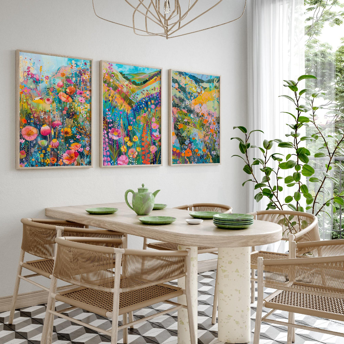 Wildflower Meadow Set of Three Art Prints - 3 Pastel Collage Posters - Vibrant Floral Landscape Wall Art Gift Painting Botanical