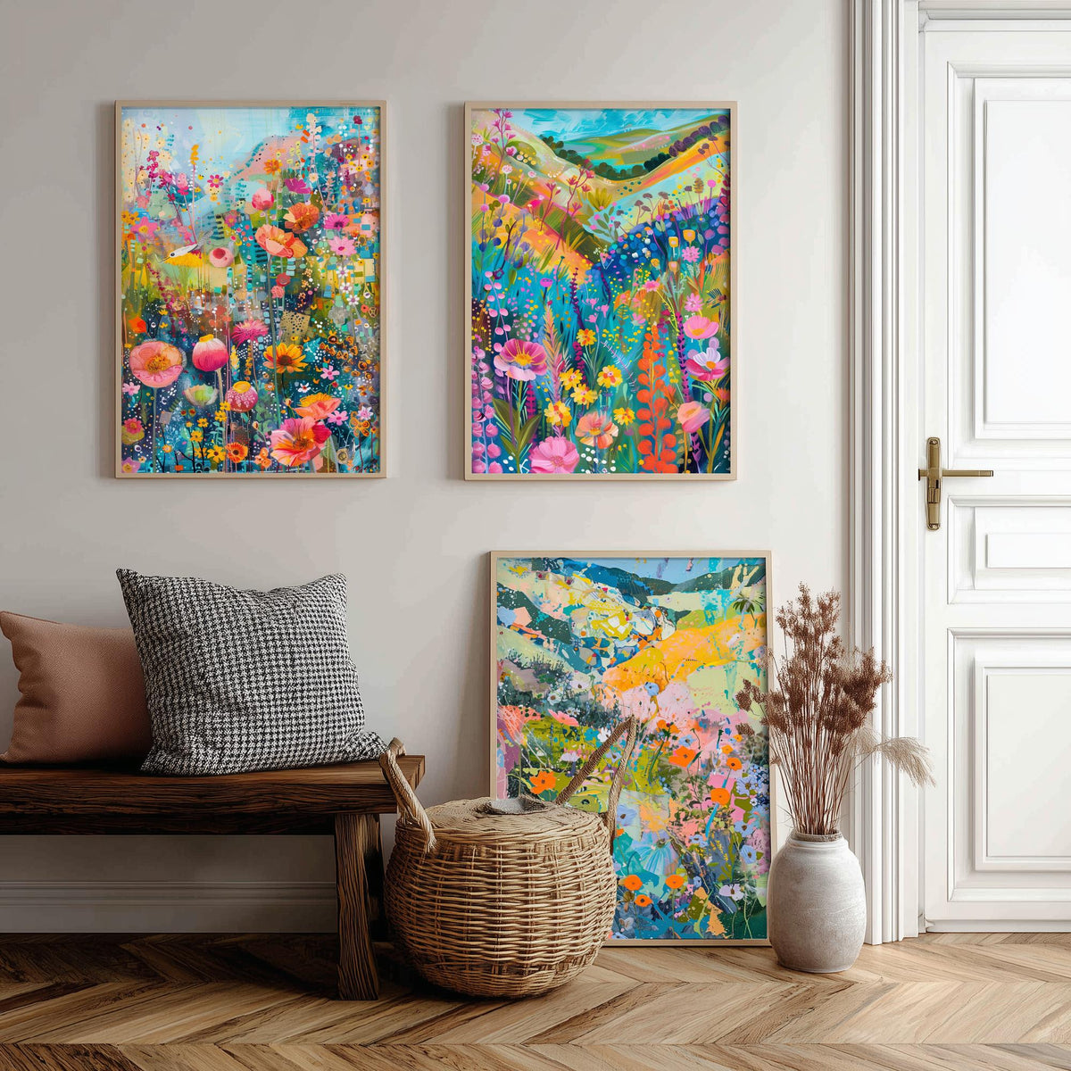 Wildflower Meadow Set of Three Art Prints - 3 Pastel Collage Posters - Vibrant Floral Landscape Wall Art Gift Painting Botanical