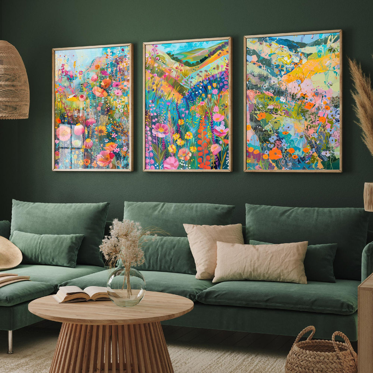 Wildflower Meadow Set of Three Art Prints - 3 Pastel Collage Posters - Vibrant Floral Landscape Wall Art Gift Painting Botanical