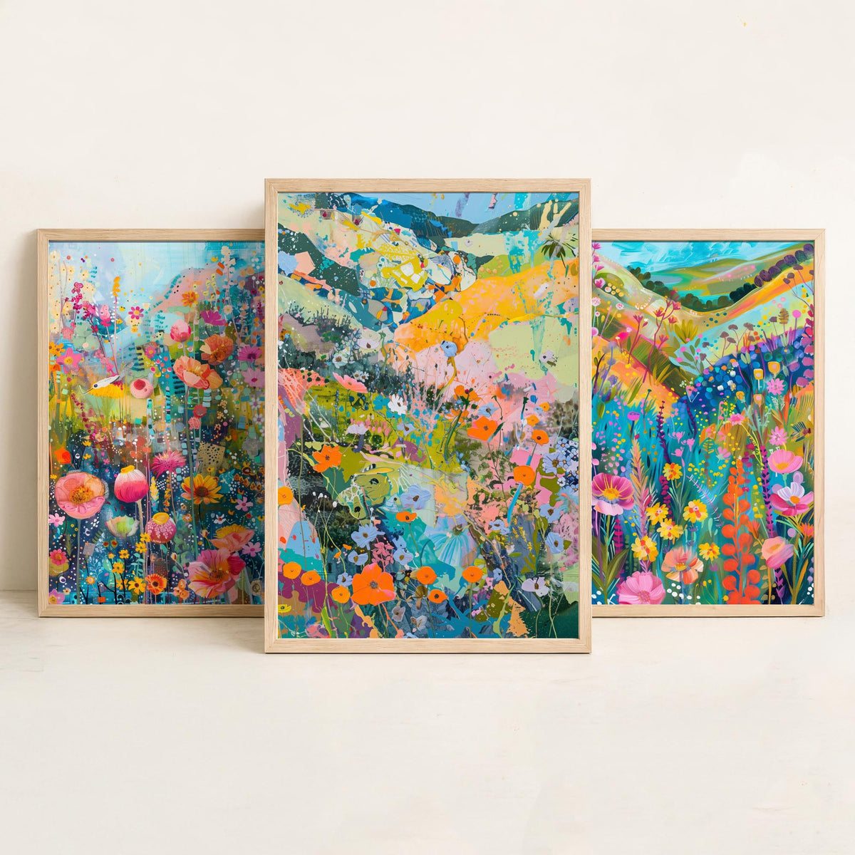 Wildflower Meadow Set of Three Art Prints - 3 Pastel Collage Posters - Vibrant Floral Landscape Wall Art Gift Painting Botanical