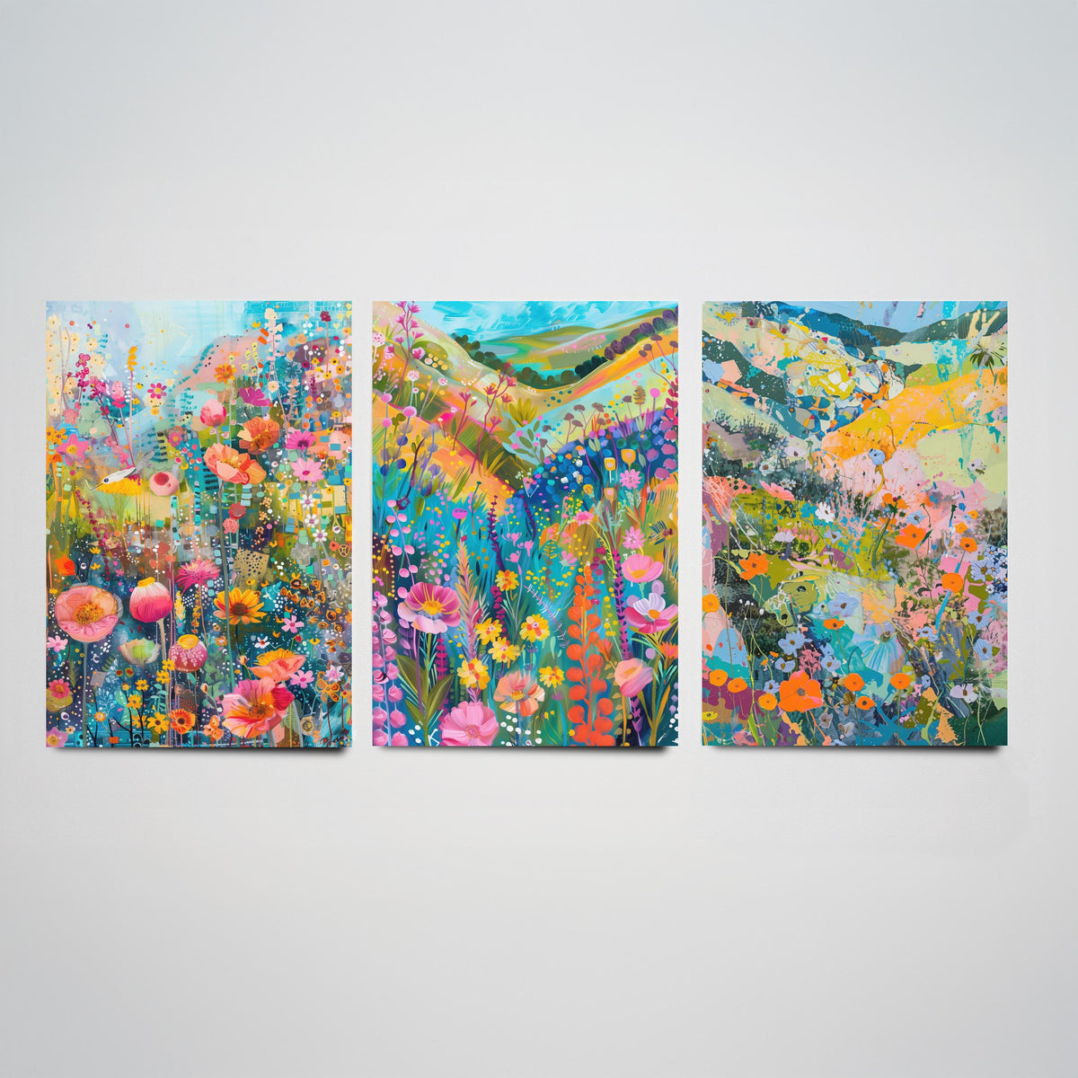 Wildflower Meadow Set of Three Art Prints - 3 Pastel Collage Posters - Vibrant Floral Landscape Wall Art Gift Painting Botanical
