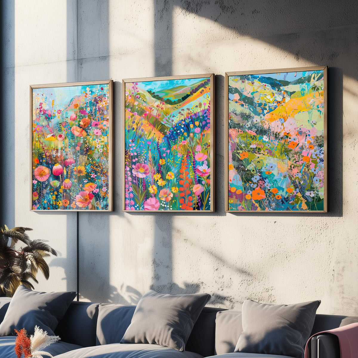 Wildflower Meadow Set of Three Art Prints - 3 Pastel Collage Posters - Vibrant Floral Landscape Wall Art Gift Painting Botanical