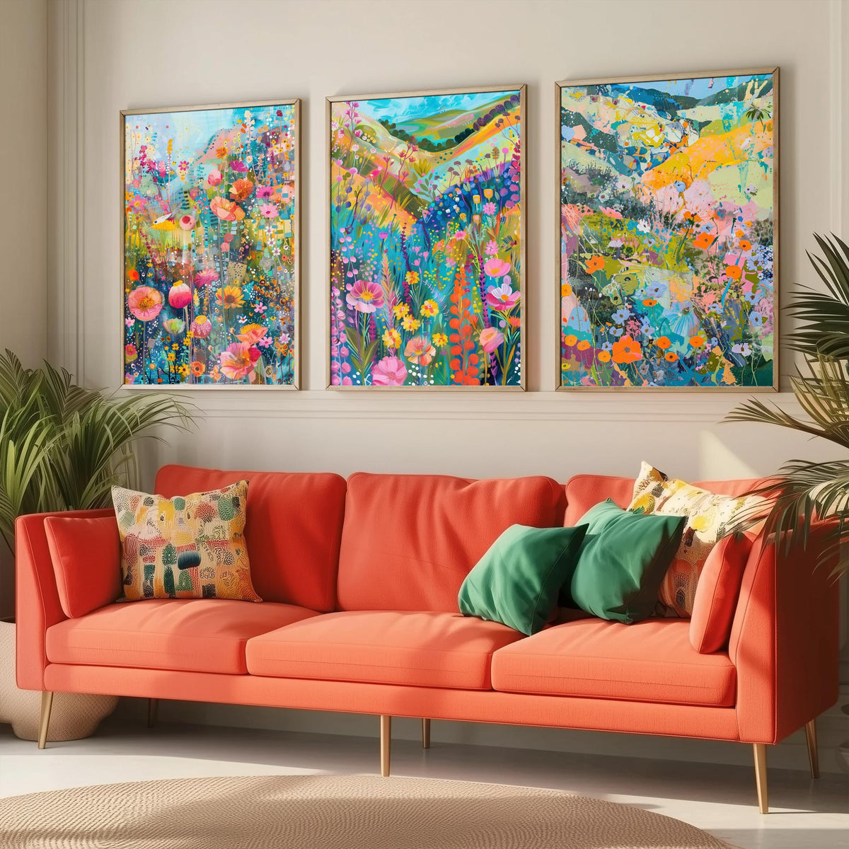 Wildflower Meadow Set of Three Art Prints - 3 Pastel Collage Posters - Vibrant Floral Landscape Wall Art Gift Painting Botanical