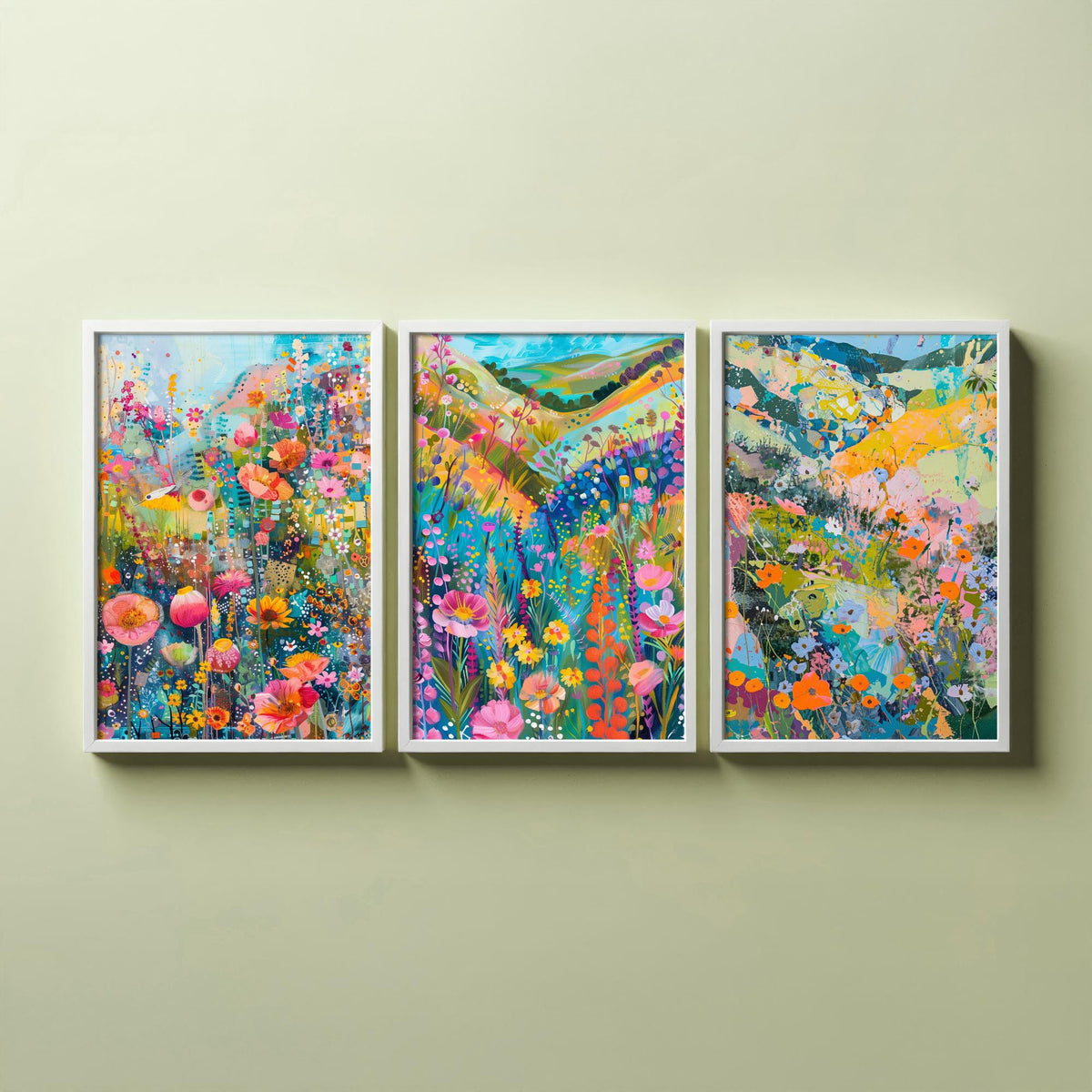 Wildflower Meadow Set of Three Art Prints - 3 Pastel Collage Posters - Vibrant Floral Landscape Wall Art Gift Painting Botanical
