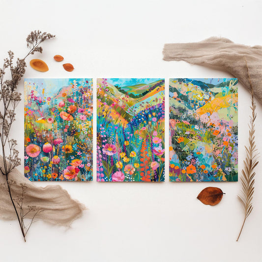 Wildflower Meadow Set of Three Art Prints - 3 Pastel Collage Posters - Vibrant Floral Landscape Wall Art Gift Painting Botanical