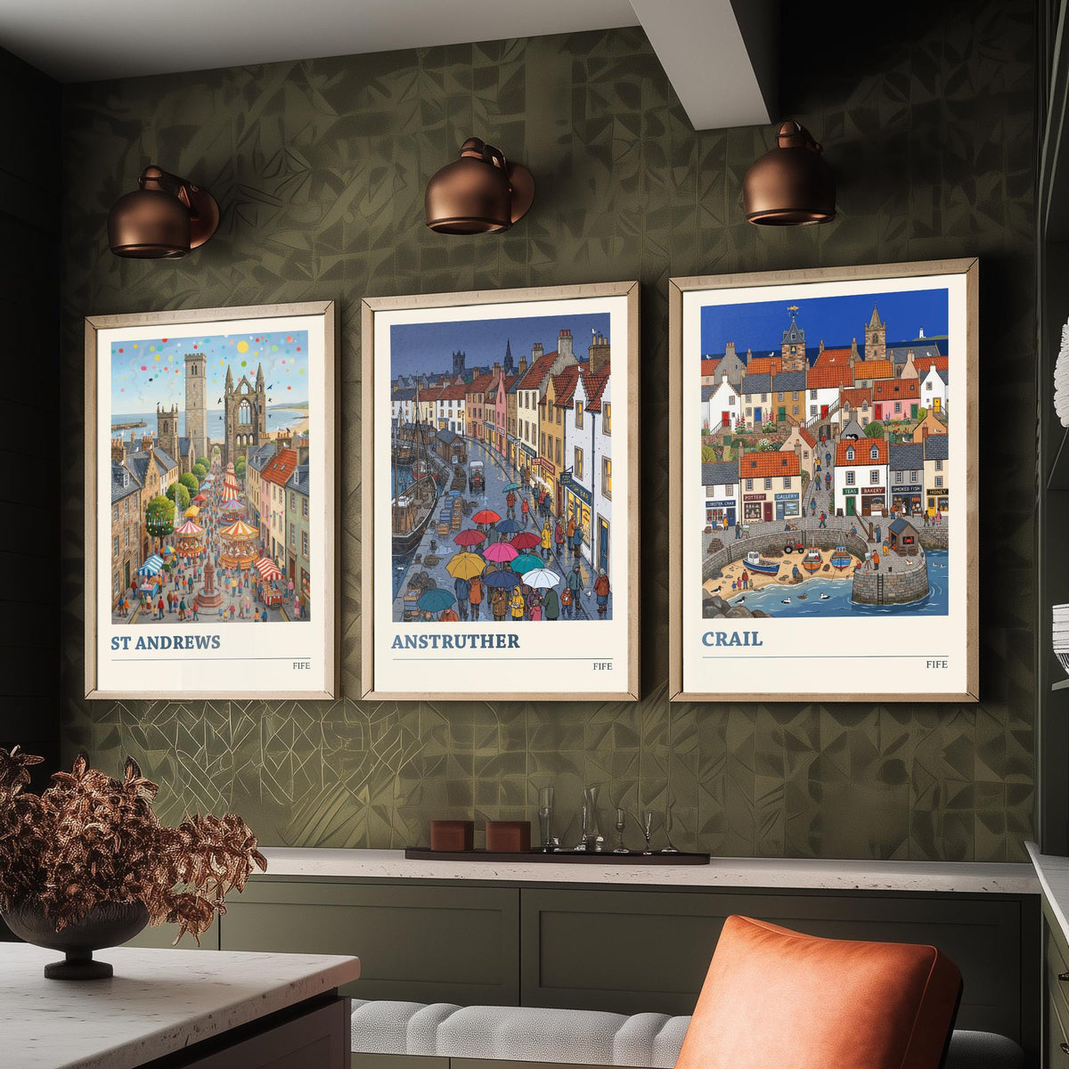 Fife Set of Three Art Prints - St Andrews, Anstruther, Crail - 3 Colourful Folk Illustration Travel Posters - East Neuk Painting