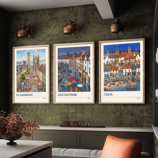 Fife Set of Three Art Prints - St Andrews, Anstruther, Crail - 3 Colourful Folk Illustration Travel Posters - East Neuk Painting