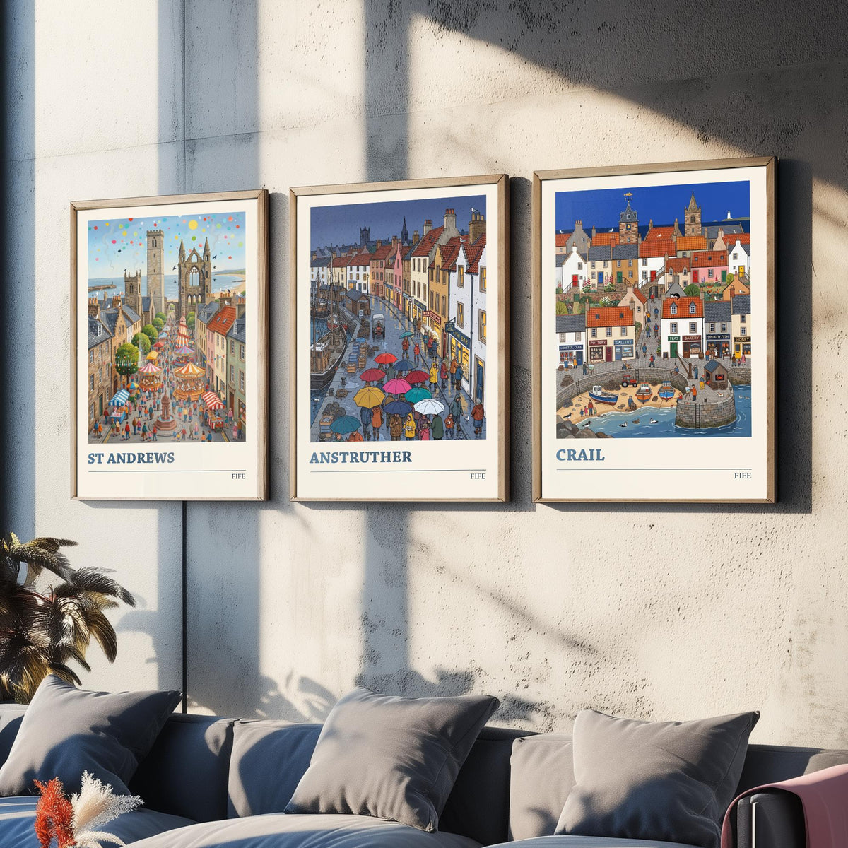 Fife Set of Three Art Prints - St Andrews, Anstruther, Crail - 3 Colourful Folk Illustration Travel Posters - East Neuk Painting