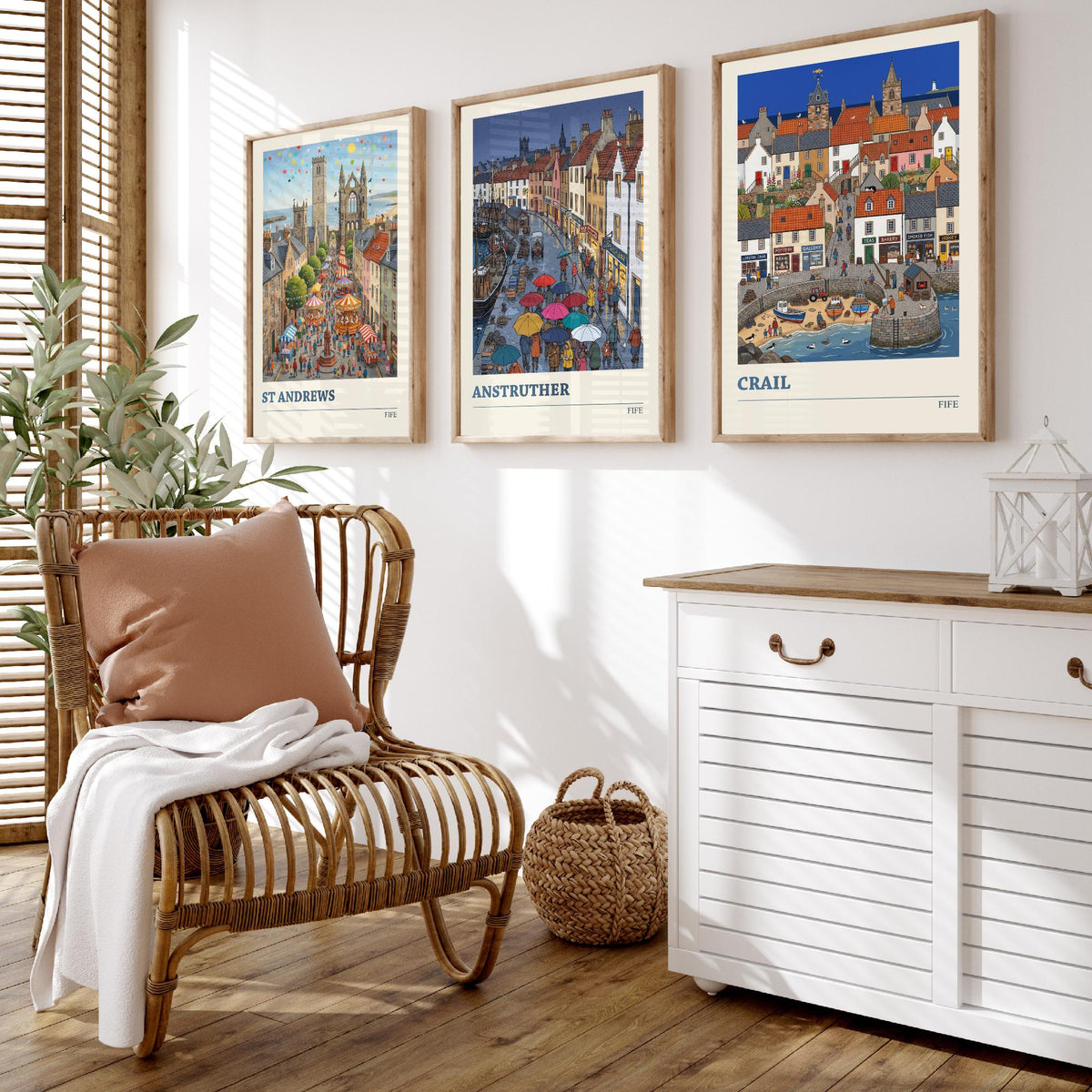 Fife Set of Three Art Prints - St Andrews, Anstruther, Crail - 3 Colourful Folk Illustration Travel Posters - East Neuk Painting