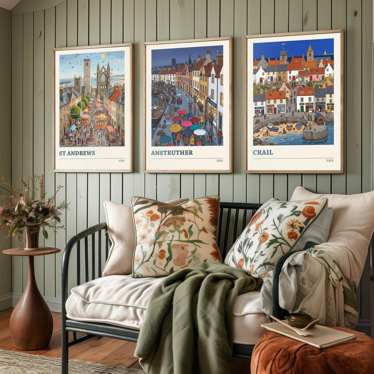 Fife Set of Three Art Prints - St Andrews, Anstruther, Crail - 3 Colourful Folk Illustration Travel Posters - East Neuk Painting