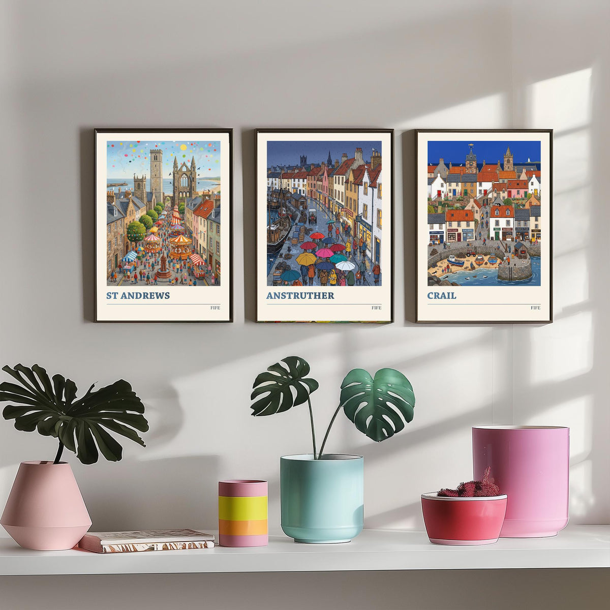 Fife Set of Three Art Prints - St Andrews, Anstruther, Crail - 3 Colourful Folk Illustration Travel Posters - East Neuk Painting