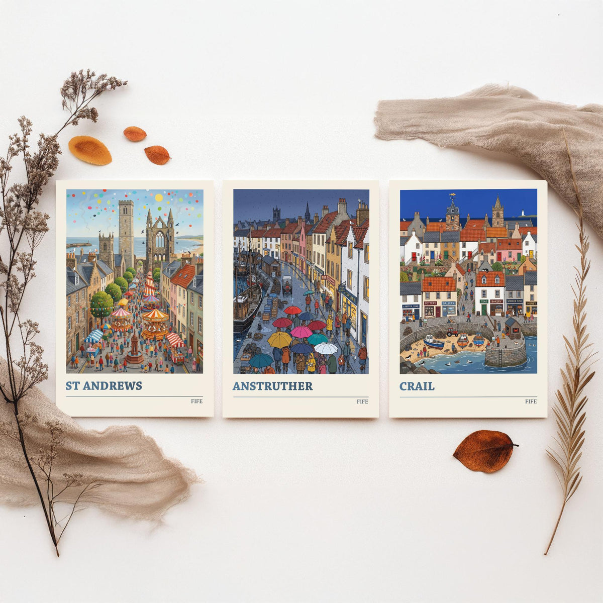 Fife Set of Three Art Prints - St Andrews, Anstruther, Crail - 3 Colourful Folk Illustration Travel Posters - East Neuk Painting