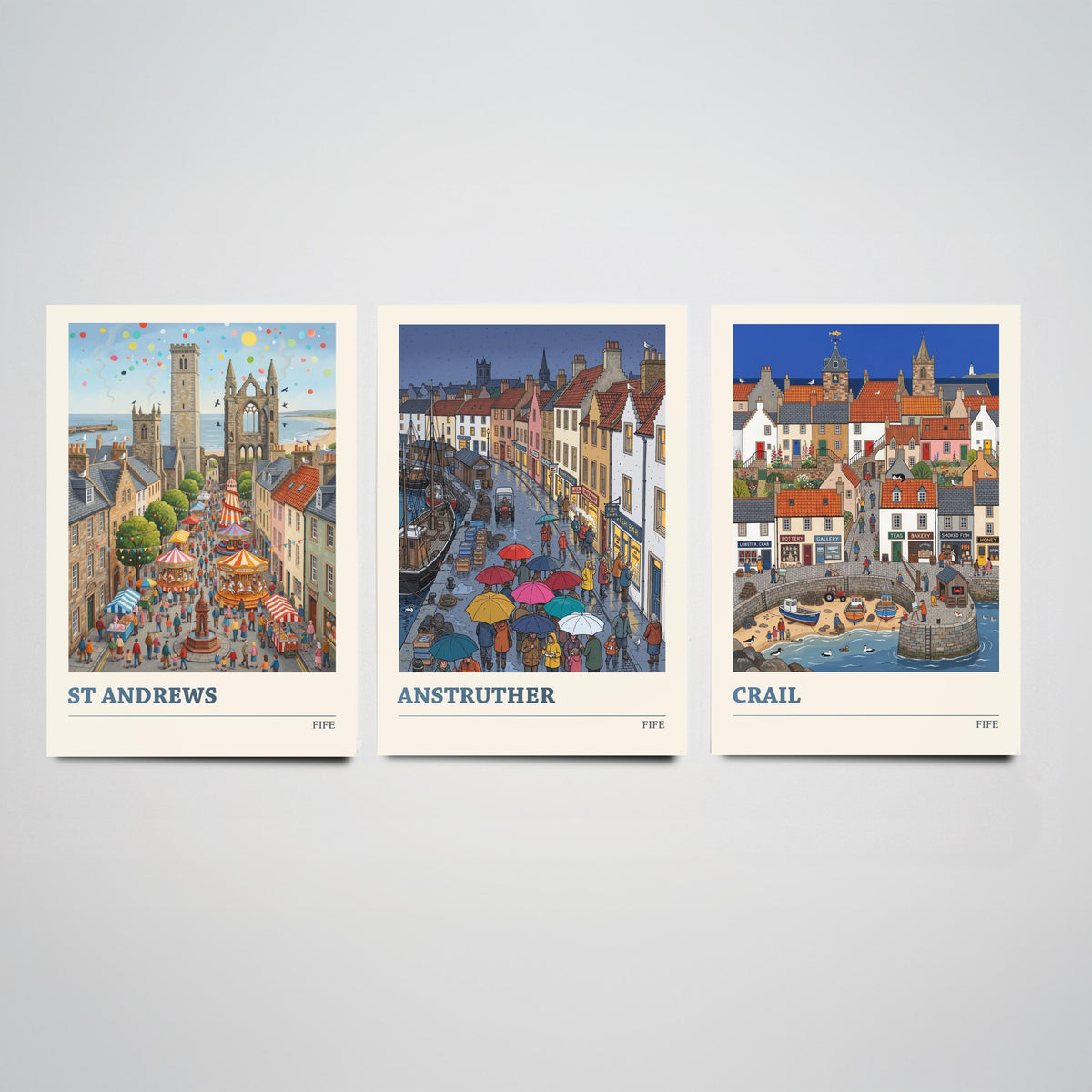 Fife Set of Three Art Prints - St Andrews, Anstruther, Crail - 3 Colourful Folk Illustration Travel Posters - East Neuk Painting