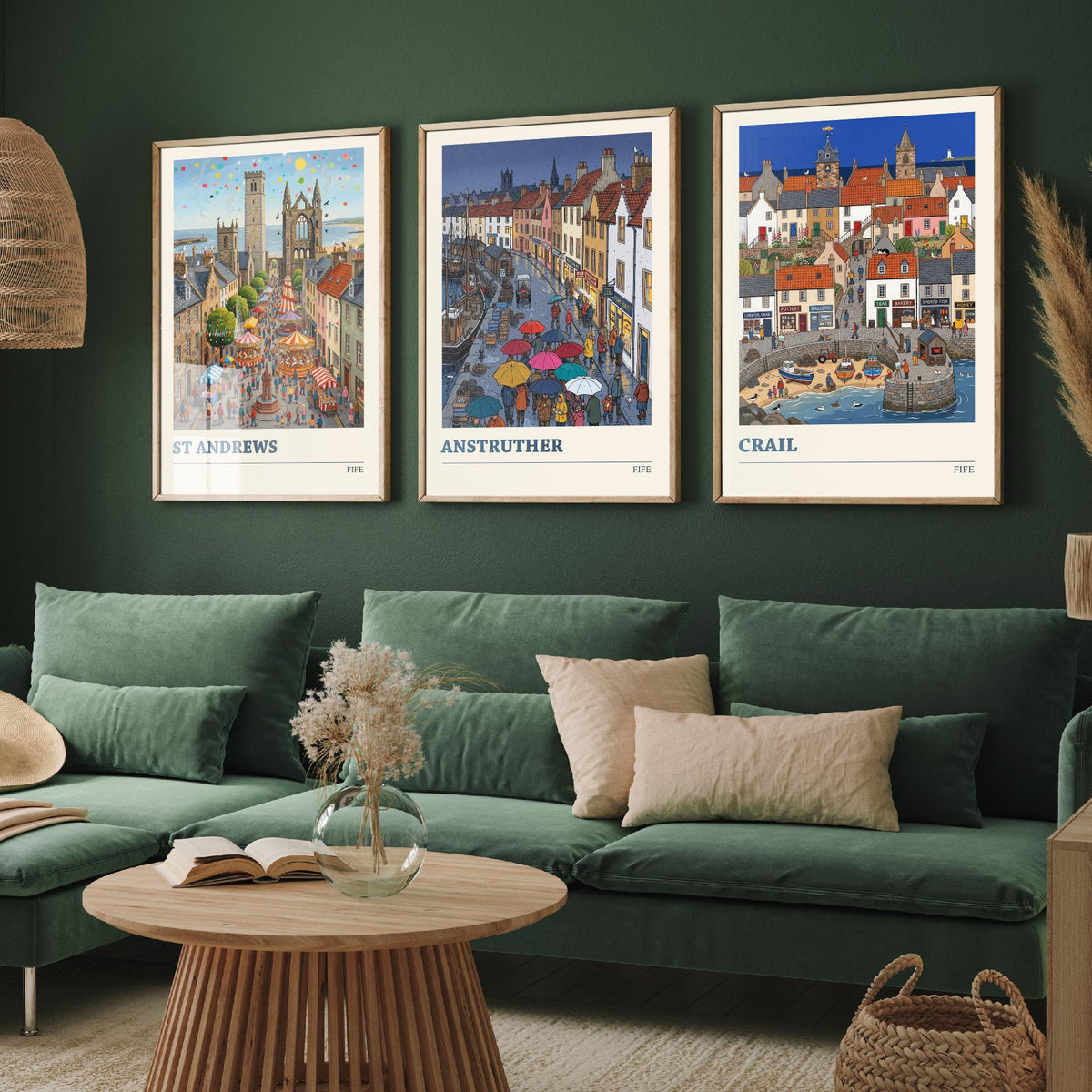 Fife Set of Three Art Prints - St Andrews, Anstruther, Crail - 3 Colourful Folk Illustration Travel Posters - East Neuk Painting