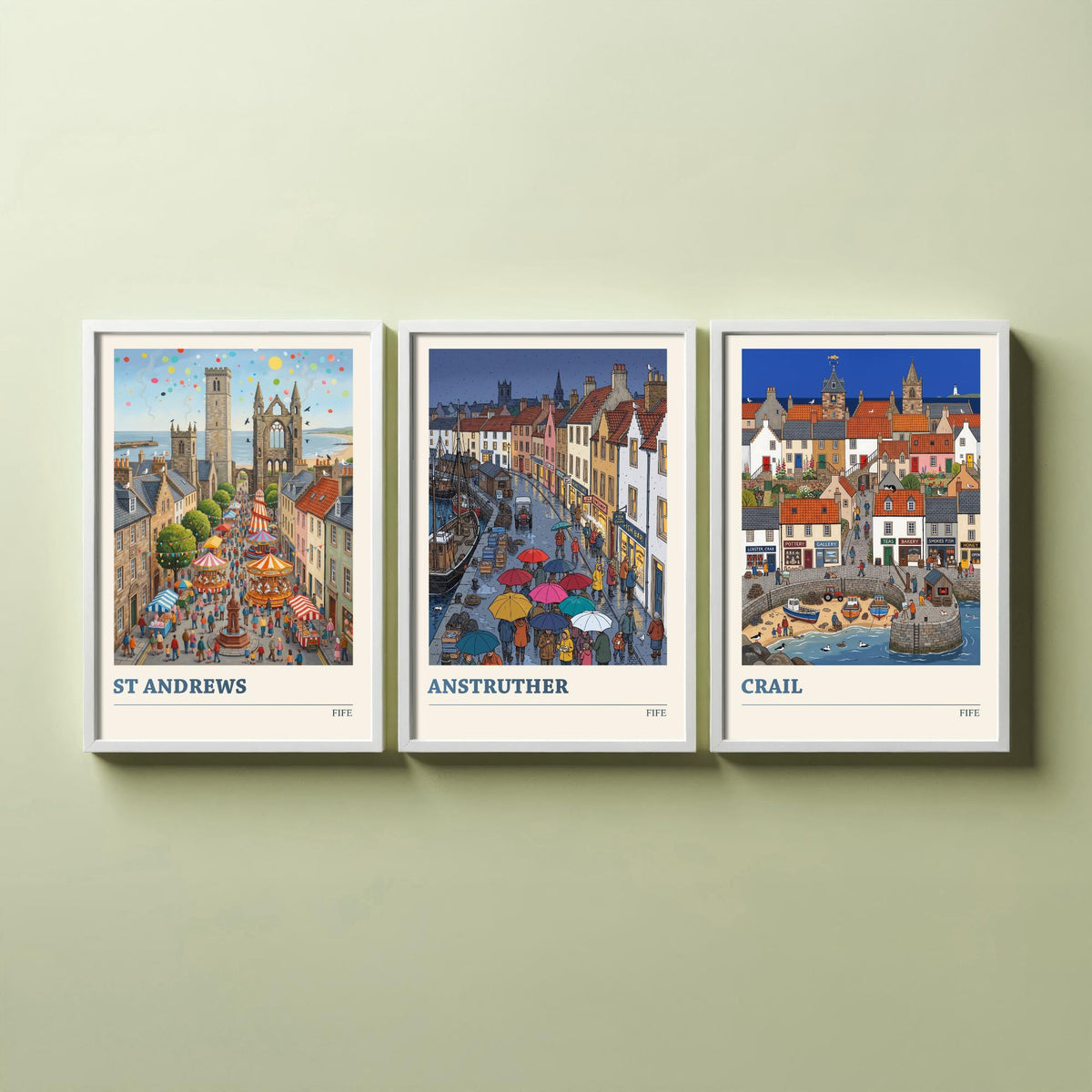 Fife Set of Three Art Prints - St Andrews, Anstruther, Crail - 3 Colourful Folk Illustration Travel Posters - East Neuk Painting