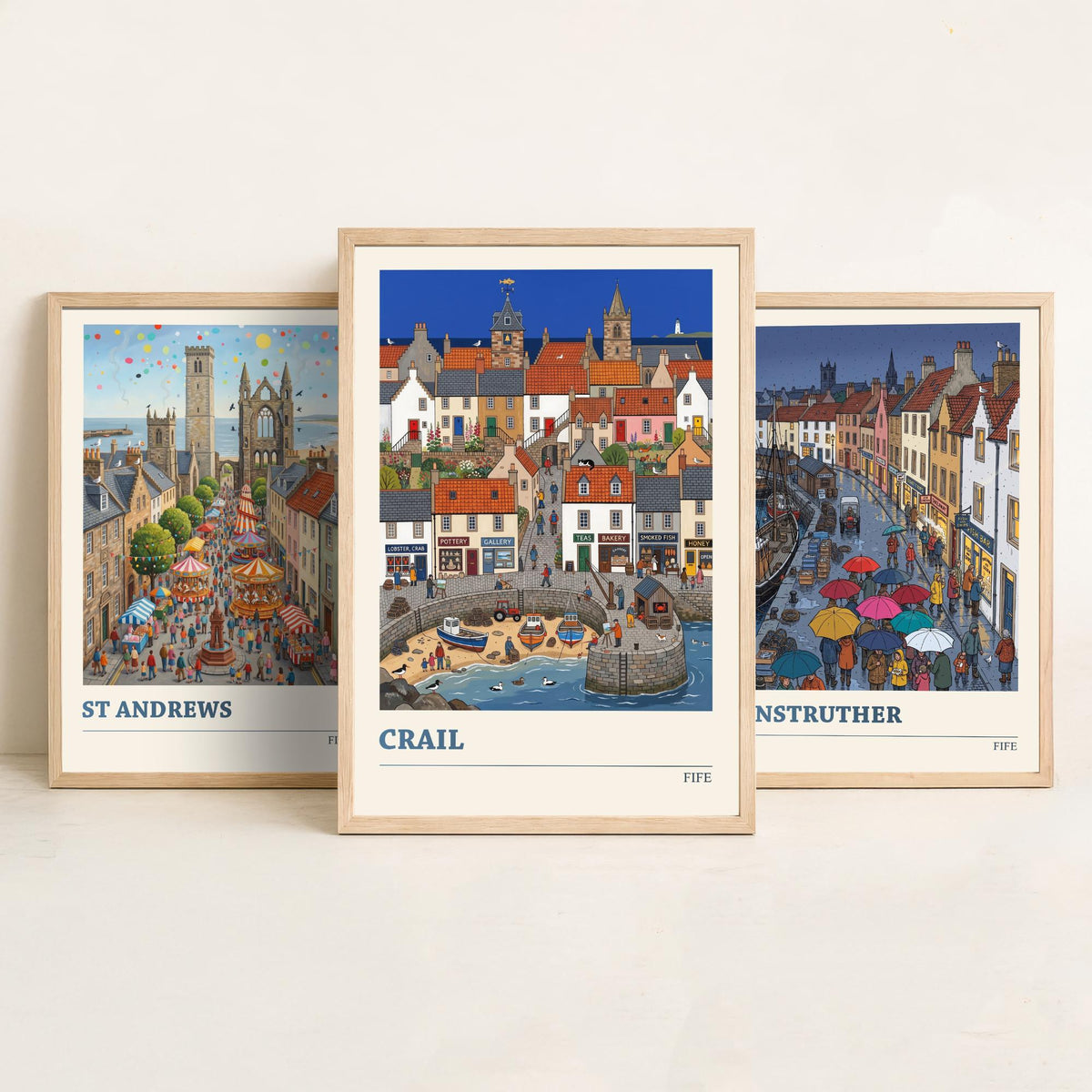 Fife Set of Three Art Prints - St Andrews, Anstruther, Crail - 3 Colourful Folk Illustration Travel Posters - East Neuk Painting