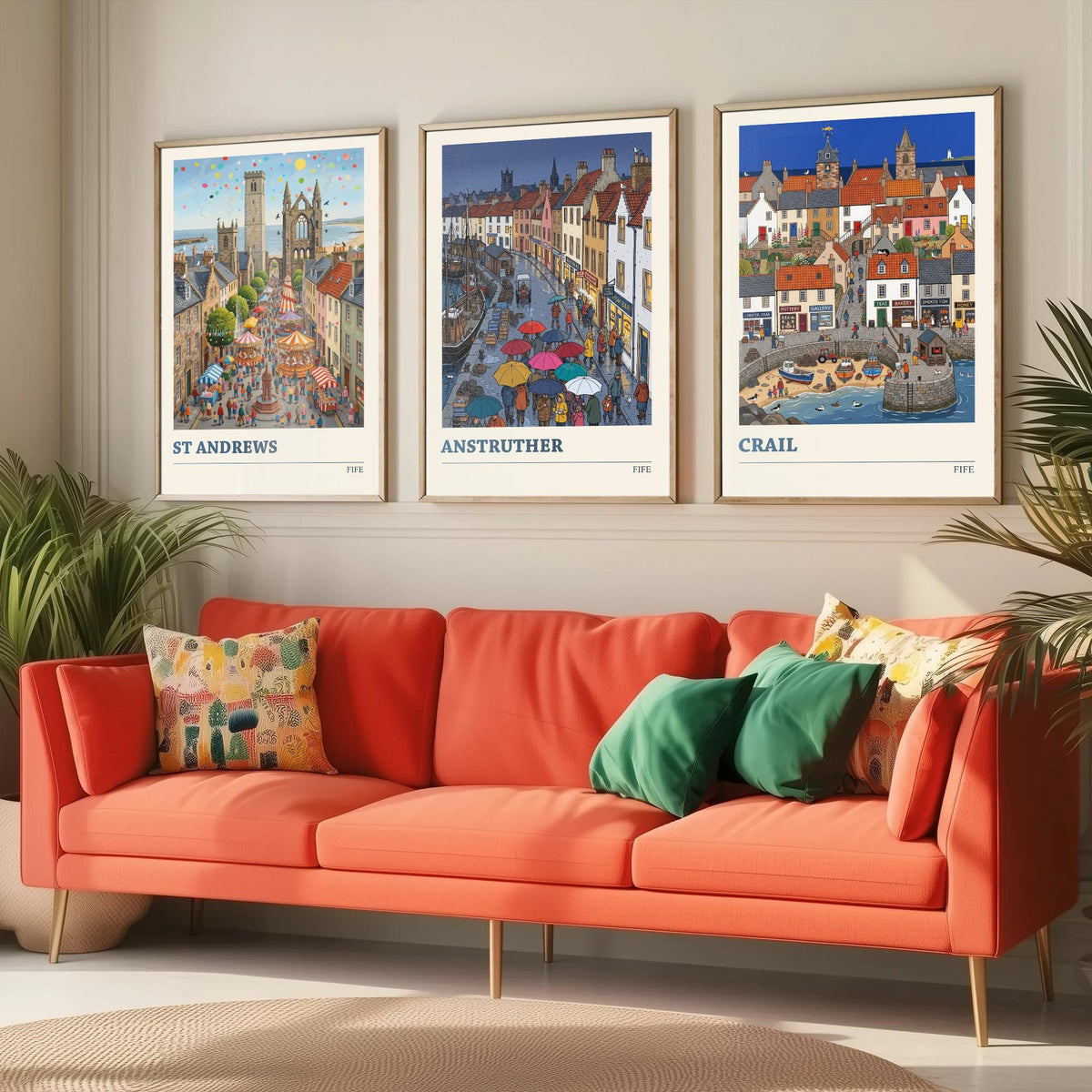 Fife Set of Three Art Prints - St Andrews, Anstruther, Crail - 3 Colourful Folk Illustration Travel Posters - East Neuk Painting