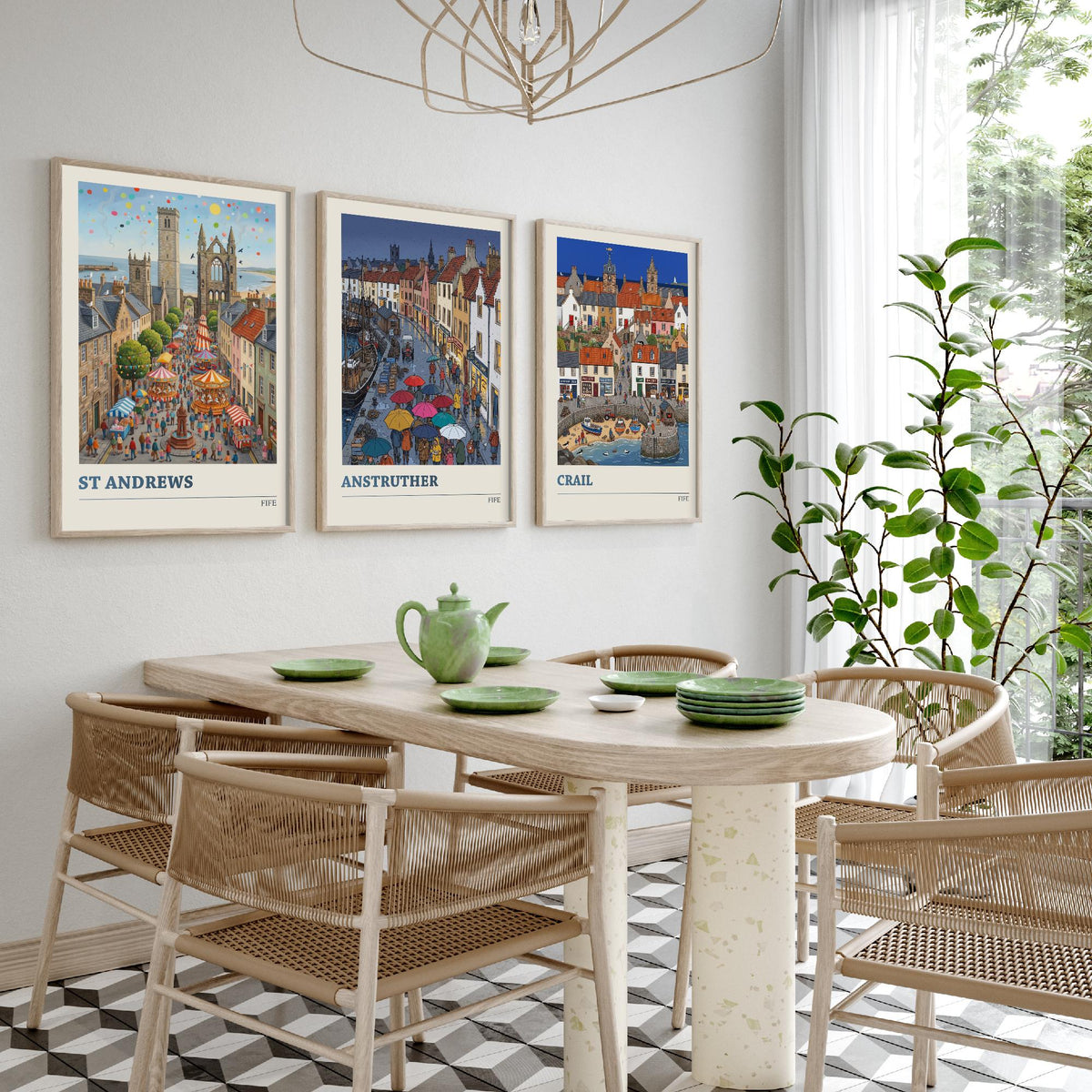 Fife Set of Three Art Prints - St Andrews, Anstruther, Crail - 3 Colourful Folk Illustration Travel Posters - East Neuk Painting